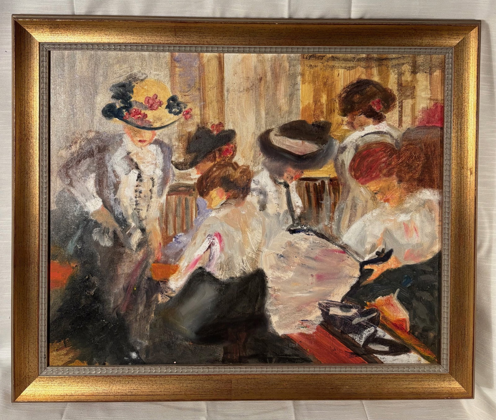 Vintage After Renoir Parisian Ladies Salon Scene Decorative Painting: Vintage decorative painting after the style of French Impressionist master Renoir, depicting elegantly dressed Parisian ladies gathered in an interior salon setting. The composition captures the soft 
