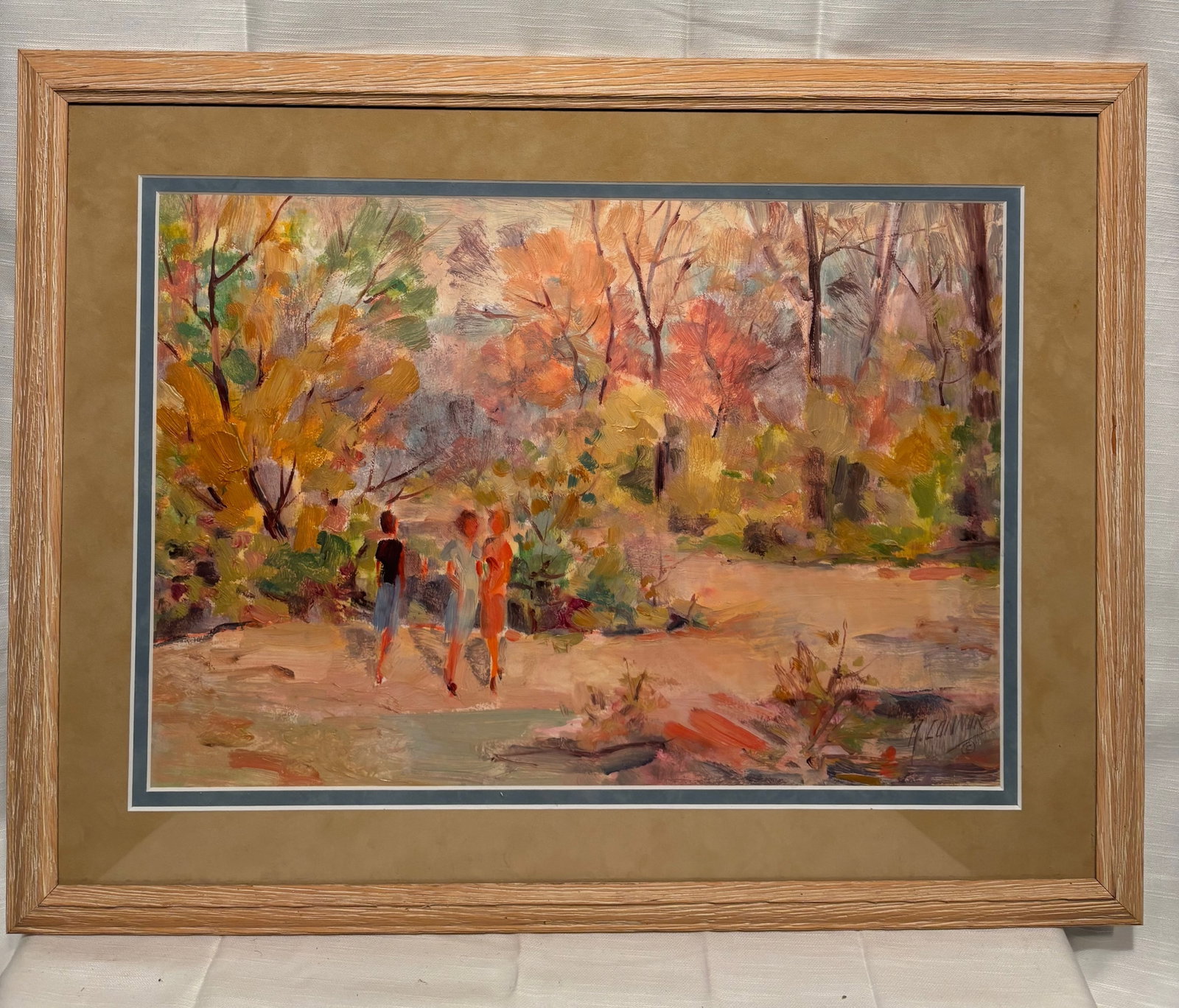 Signed M. Conner Impressionist Autumn Landscape with Three Figures: Original impressionist-style oil painting depicting three figures strolling through a richly colored autumn woodland landscape. Executed with expressive loaded brushwork and palette-knife texture in w