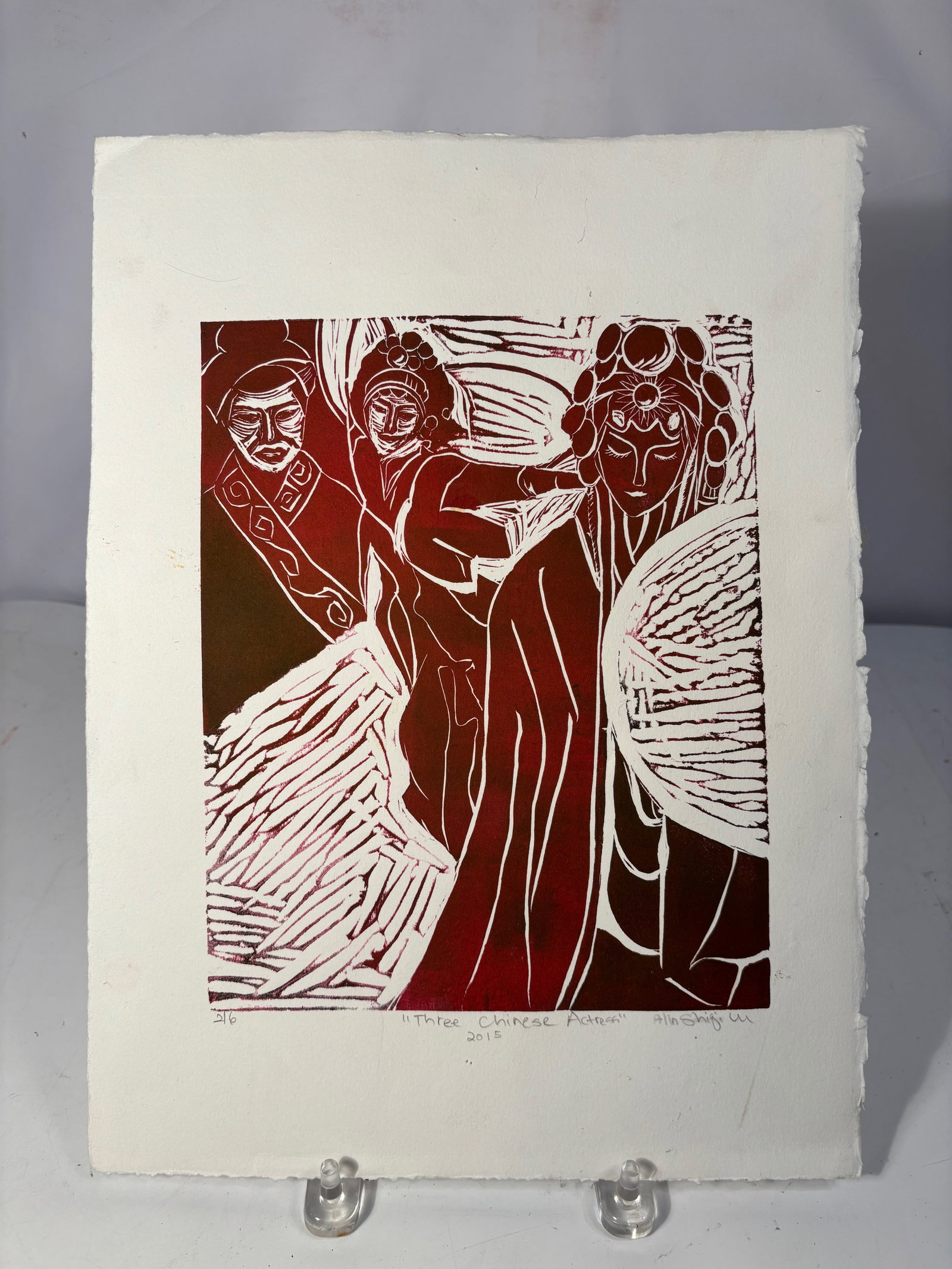 Alinshigi, “Three Chinese Actress,?? Limited Edition Color Linocut Print: A contemporary Chinese limited edition color linocut print on paper by Alinshigi, titled Three Chinese Actress and dated 2015. The composition depicts three stylized Chinese opera figures in elaborate