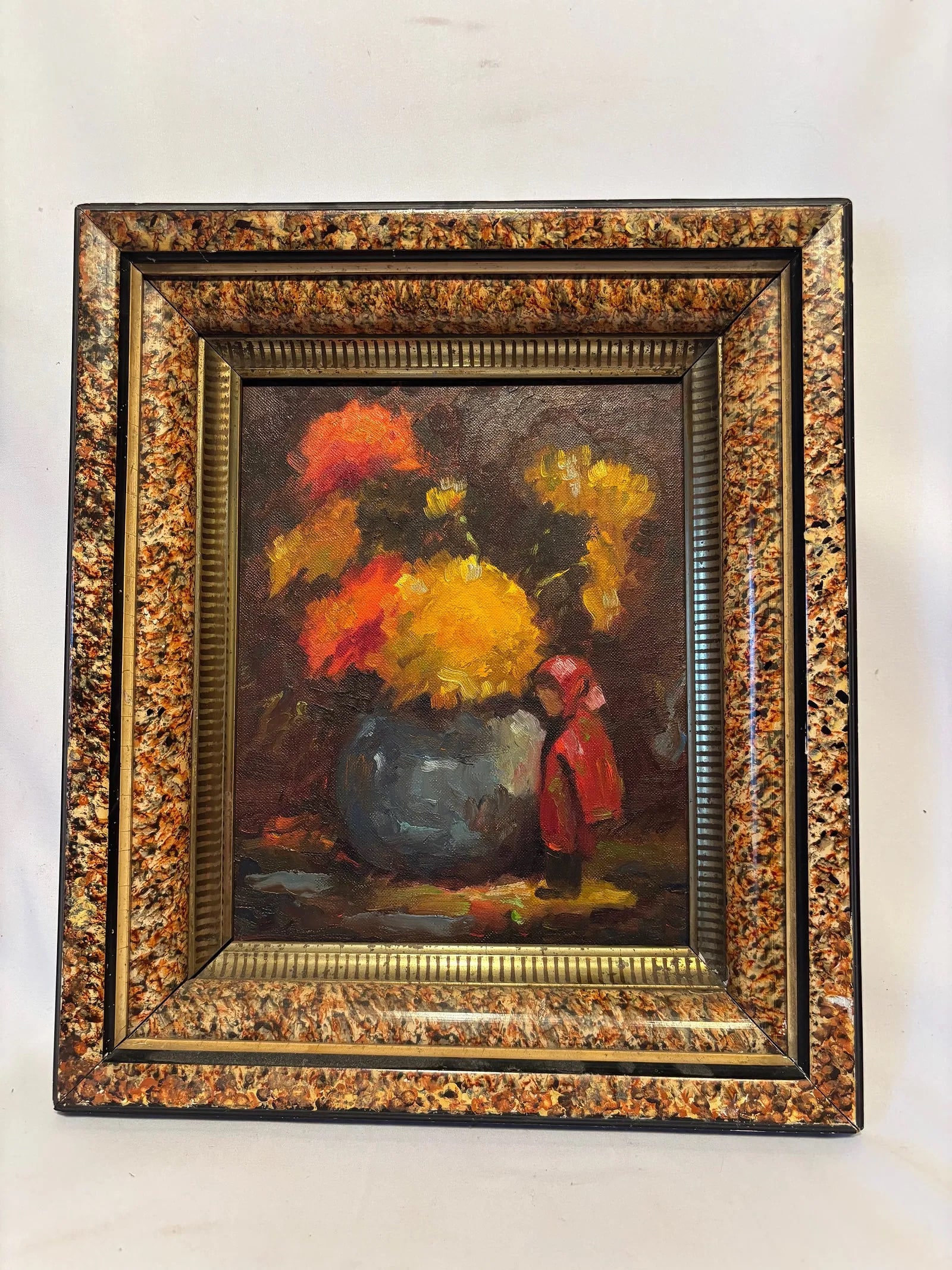 Impressionist Floral Still Life Oil Painting on Panel: Oil on panel depicting a vibrant floral arrangement in a blue vase. Executed in an expressive impressionistic style with bold brushwork and rich coloration. The composition features bright yellow, ora