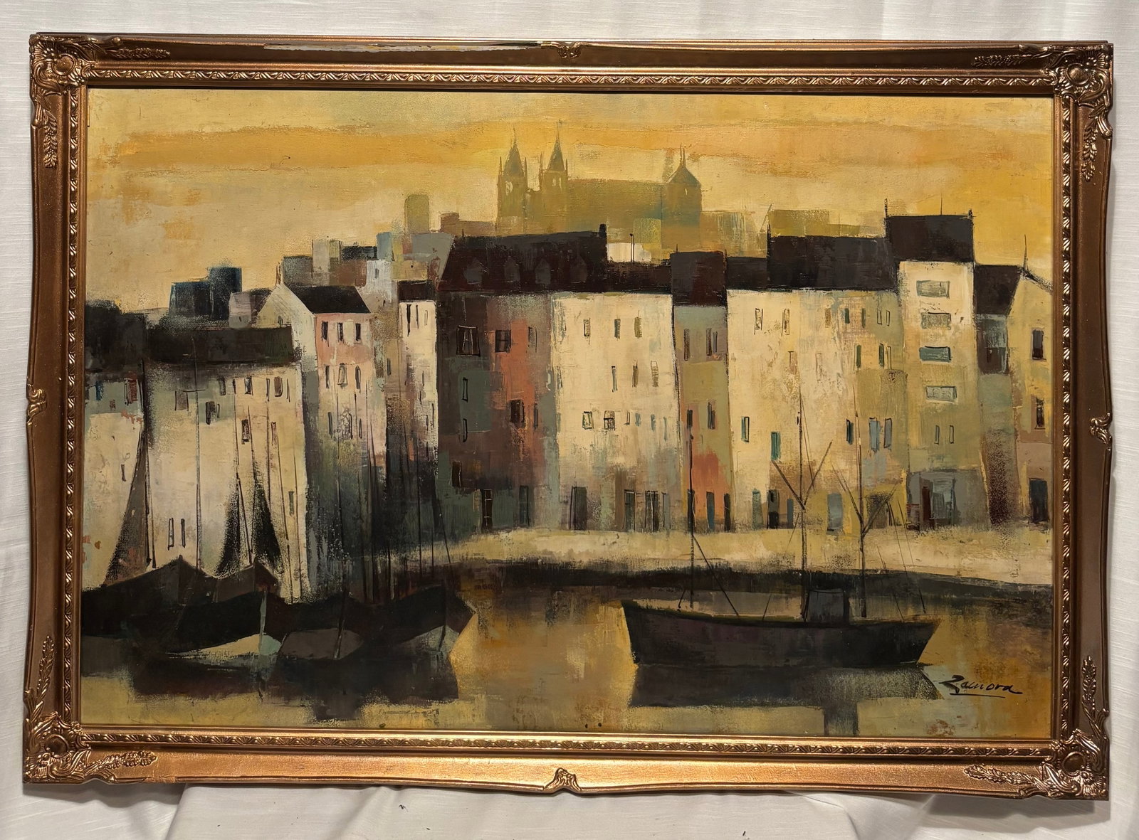 Mid-Century Oil Painting European Harbor Cityscape, Signed Zamora: A mid-20th century oil painting depicting a European harbor cityscape with tightly clustered waterfront buildings and moored boats. The composition is rendered in a modernist, semi-impressionistic sty