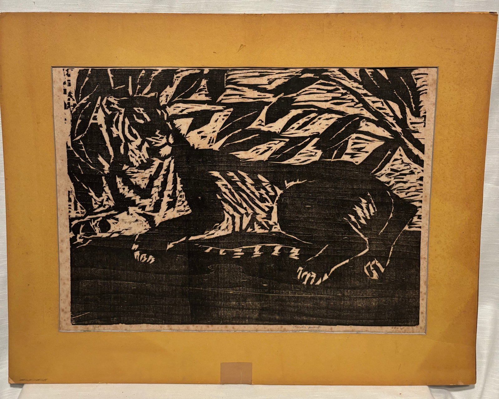 Charles Quest (1904–1993) Woodcut Print, Giraffes, Signed, Numbered 8/25, Inscribed: A striking mid-century modern woodcut print by American artist Charles Quest (1904–1993), depicting a group of stylized giraffes rendered in bold, expressive black and white forms. The composition s