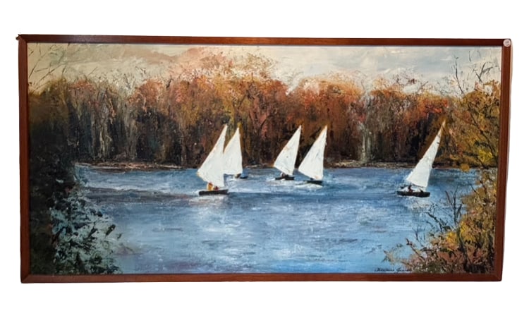 Florence Weiss Jesser (American, 20th Century), “Commute Boat,?? Original Oil on Canvas: Original oil on canvas depicting four sailboats gliding across a tranquil lake framed by vibrant autumn foliage. Executed in an expressive impressionistic style with rich palette knife texture and ene