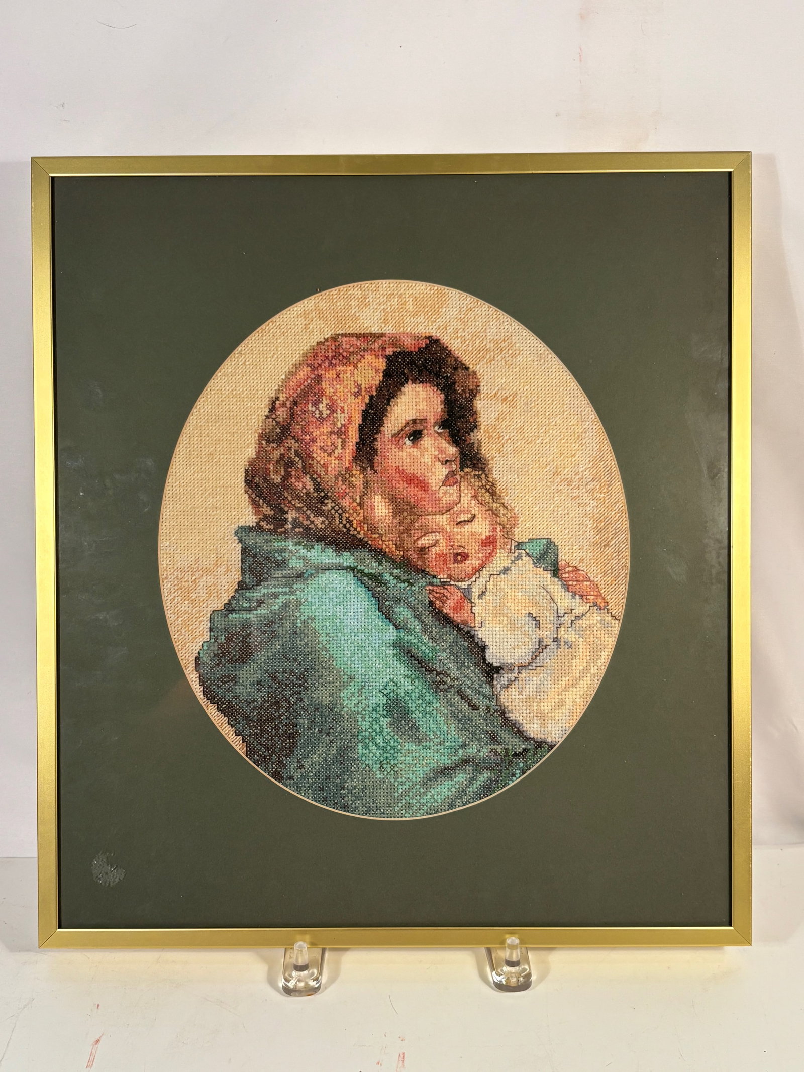 A Framed Hand-Stitched Needlepoint Portrait of Mother and Child (1 of 9)