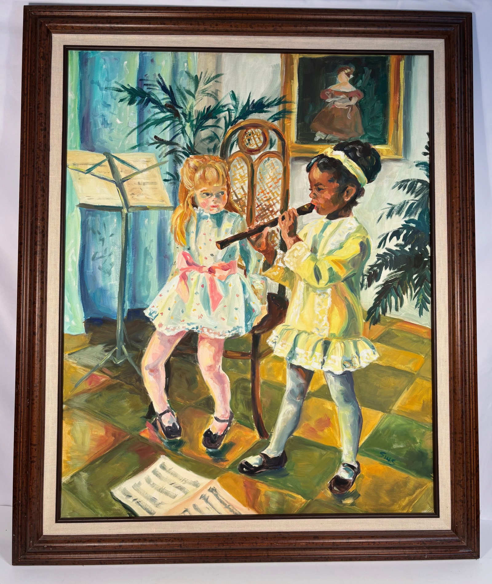 Betty Sills (20th Century, Illinois) – The Recital, Oil on Canvas: An oil on canvas painting by Illinois artist Betty Sills, titled The Recital, depicting two young girls in dresses, one playing a flute while the other holds sheet music. The lively scene is set in a 