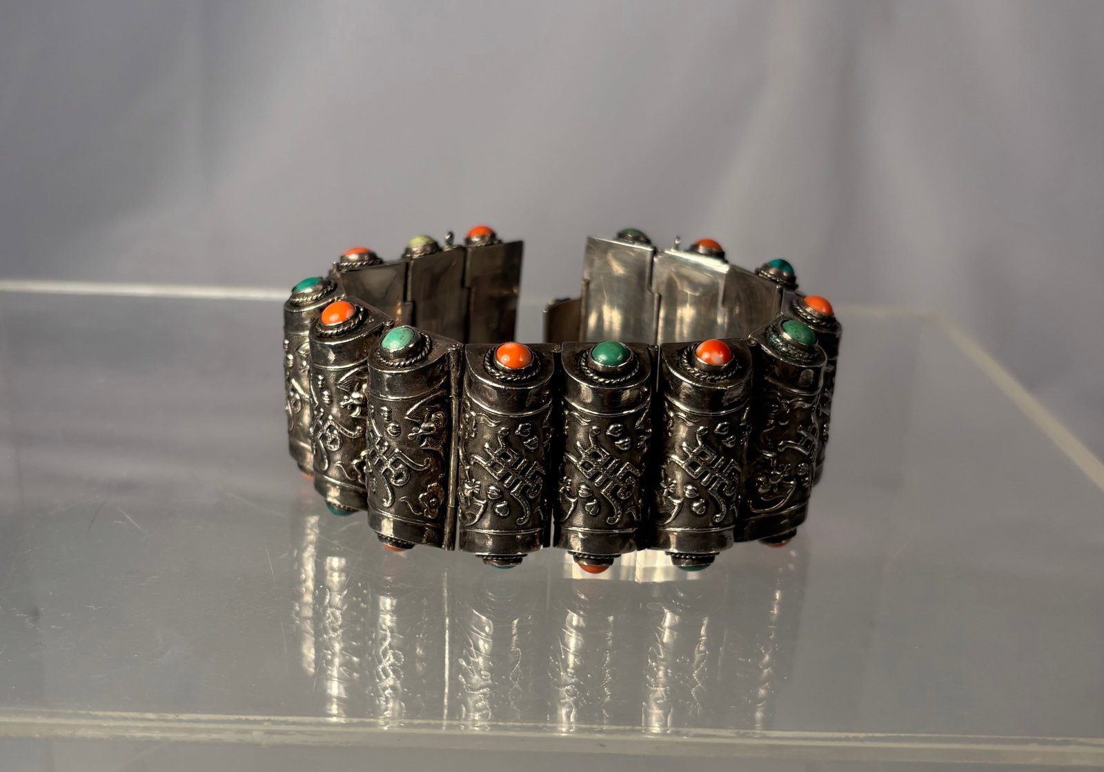 Large Chinese Sterling Silver Bracelet with Coral & Turquoise, Early 20th Century, Possibly Late (1 of 11)