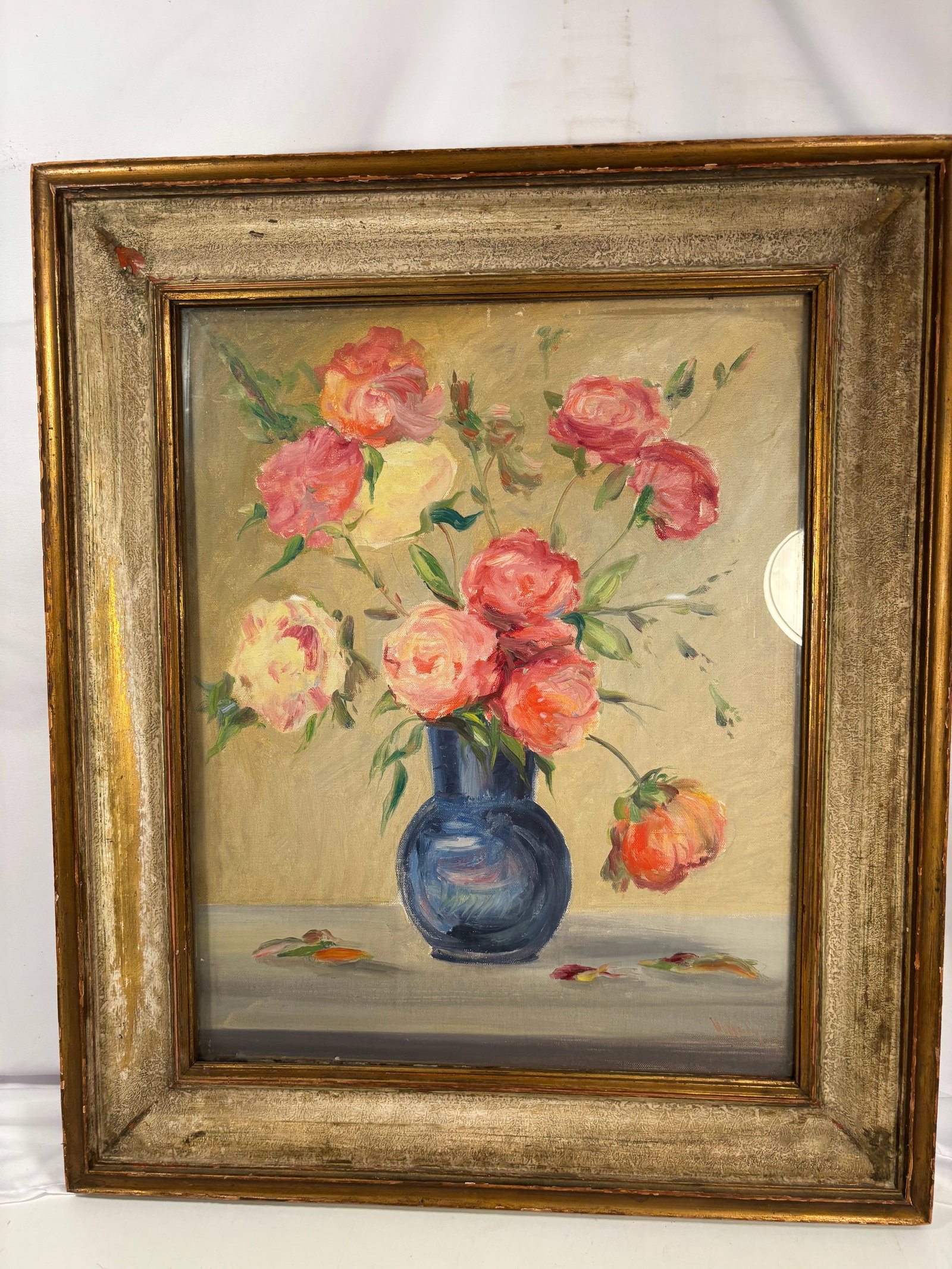 Signed Impressionist Floral Still Life Oil Painting: Signed oil on canvas depicting a vibrant floral still life with pink and cream blossoms arranged in a cobalt blue vase. Executed in an Impressionist style with loose, expressive brushwork and a warm, 