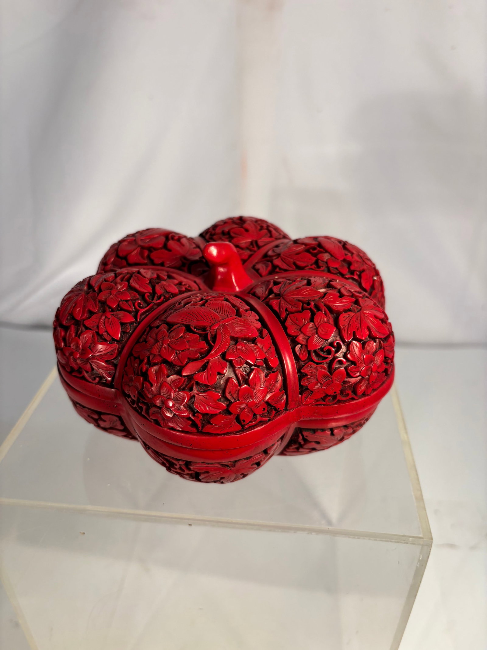 Vintage Red Lacquer Plum Blossom Covered Box, Carved Floral Trinket Box, Made in Taiwan (1 of 12)