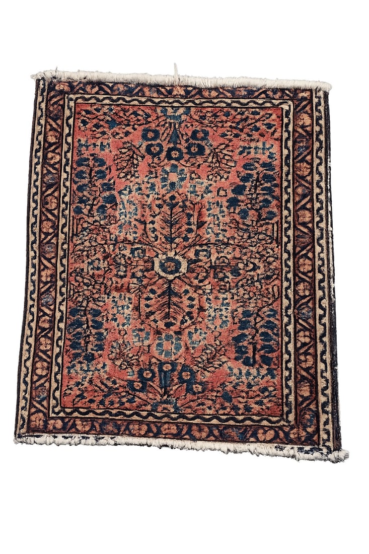 Antique Hand-Knotted Persian Style Floral Rug 31 x 24 in.: Antique hand-knotted Persian-style rug featuring an intricate allover floral and foliate design on a salmon-red field with navy, ivory, and light blue accents. Decorated with stylized botanical motifs