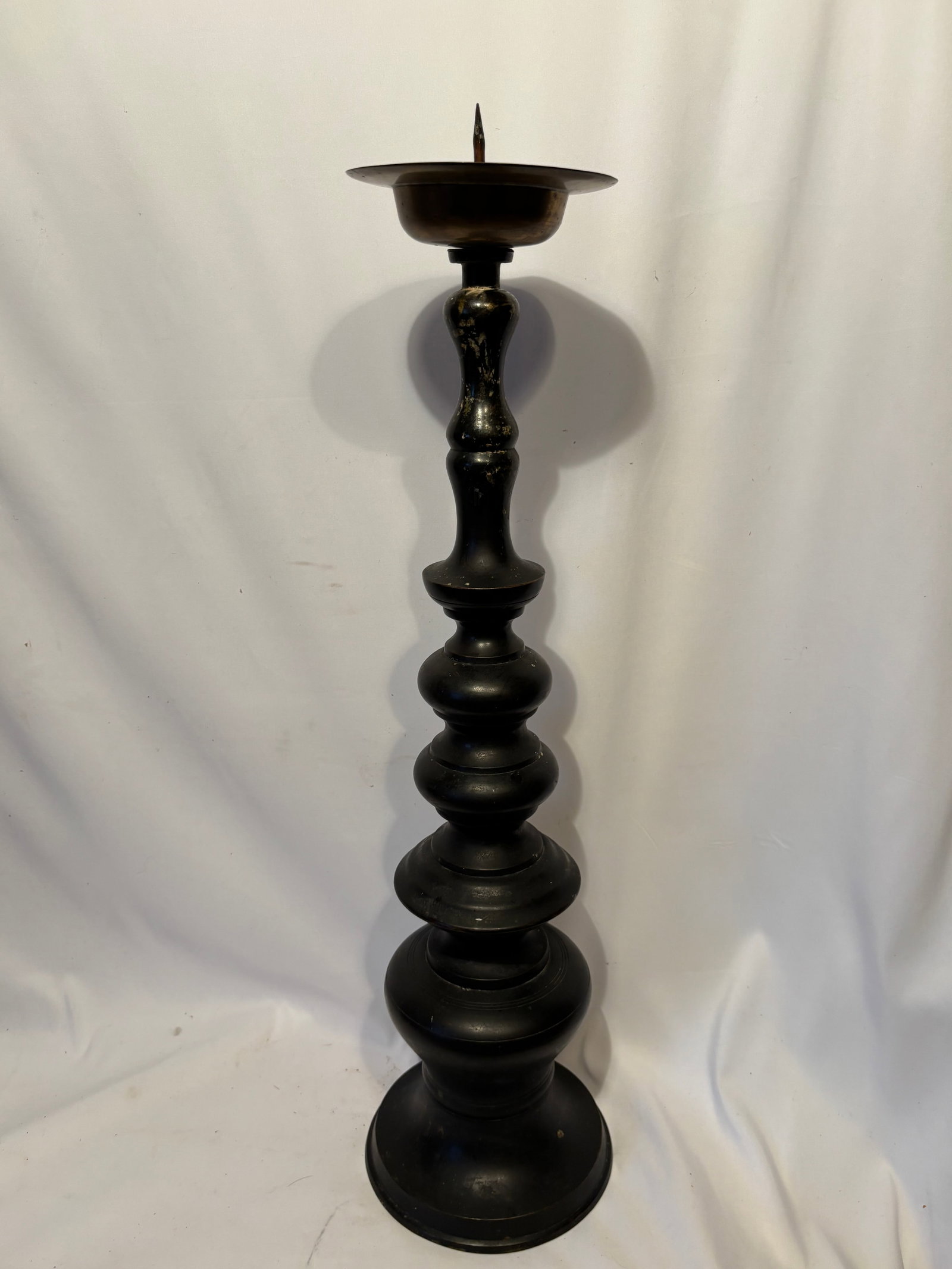 Large Japanese Buddhist Bronze Temple Candlestick, Meiji Period, 28??H: Large Japanese bronze Buddhist temple candlestick (shokudai), Meiji period. Finely cast with rich dark patina and engraved devotional inscriptions including (In Reverence to the Three Treasures: Buddh