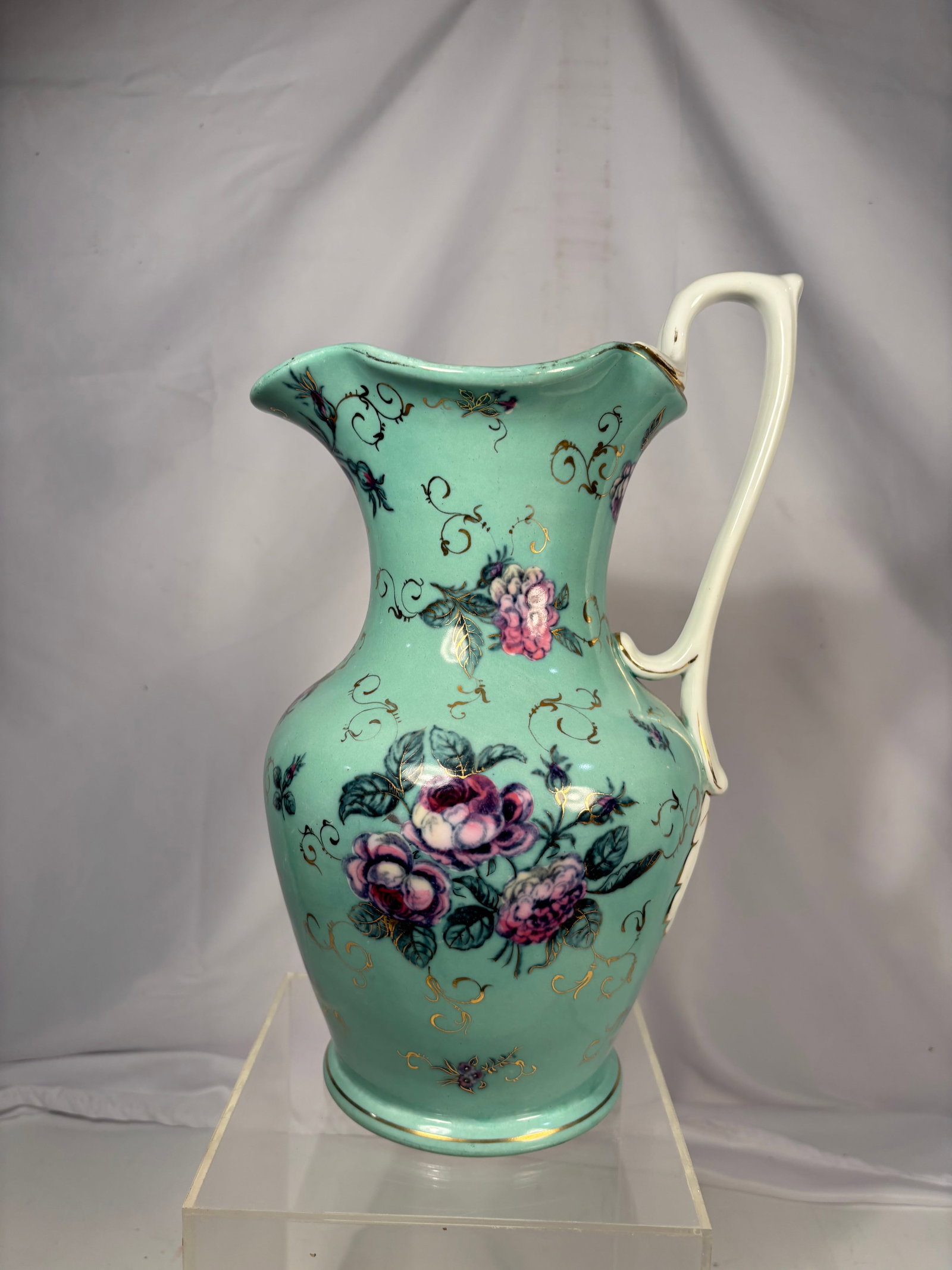 Vintage Hand-Painted European Porcelain Turquoise Floral Ewer Pitcher, Rococo Style (1 of 10)