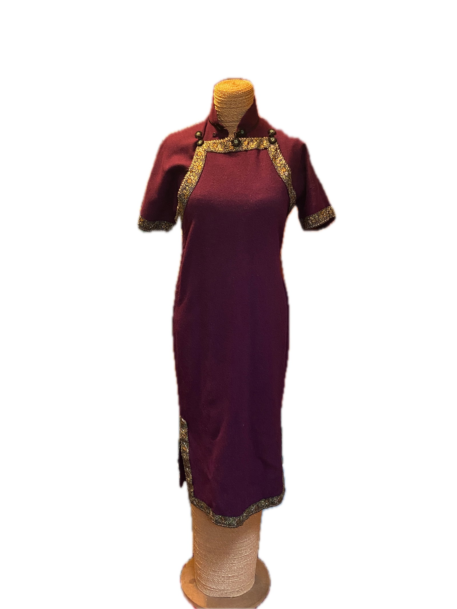 Vintage Chinese Purple Wool Qipao/ Cheongsam Dress with Fine Hand Embroidered Trim (1 of 8)