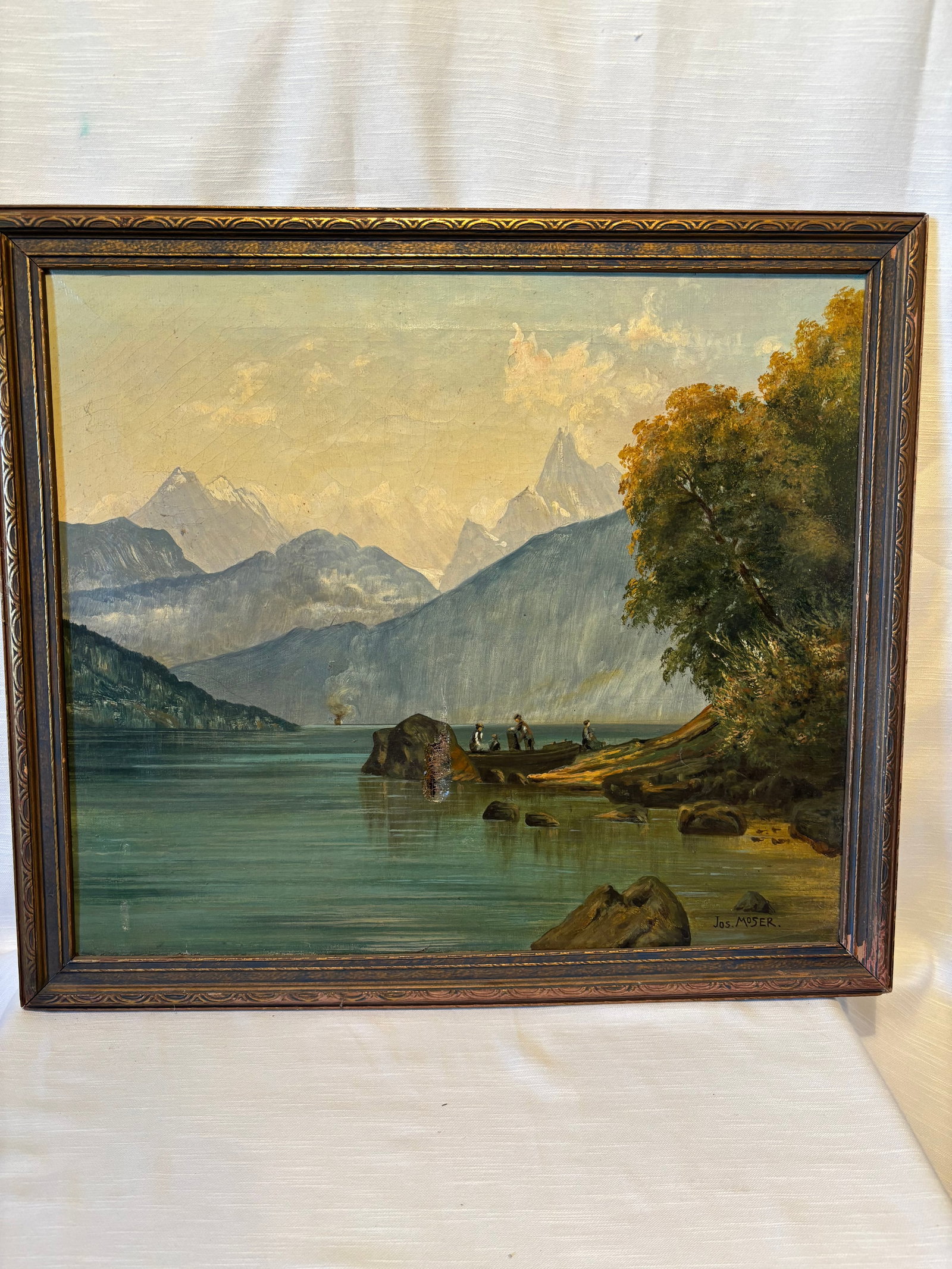 Oil Painting Alpine Lake Landscape with Figures, Signed Jos. Moser (1 of 8)