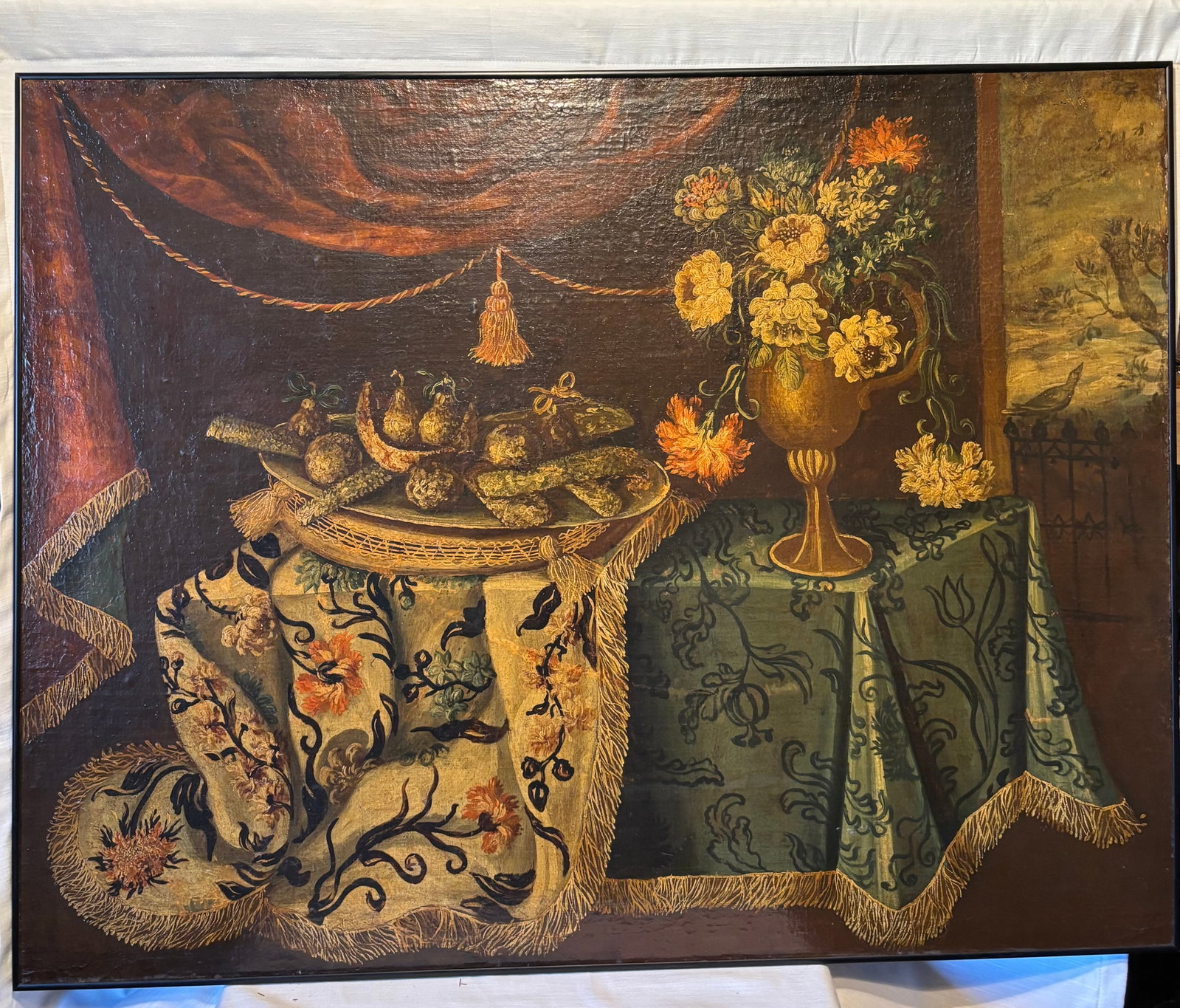 Large European Still Life Oil Painting, Fruit & Flowers with Drapery, Dutch Baroque Style, 46 x 36 (1 of 11)