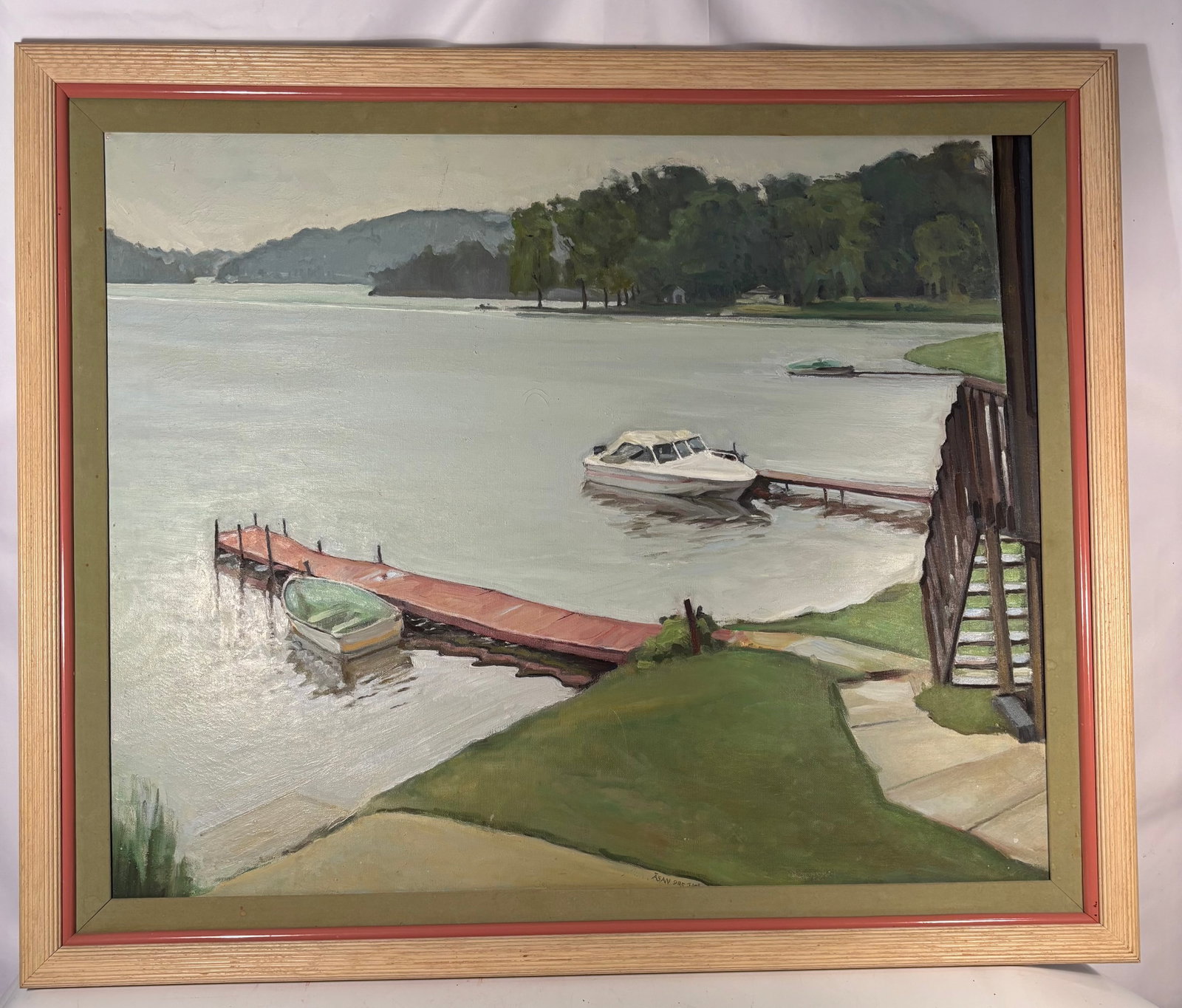 Jeffrey Asan (American, Chicago) Lakefront Dock Scene, 1986: An original landscape painting by Jeffrey Asan, depicting a tranquil lakefront with docks, moored boats, and wooded shoreline beyond. Executed in a restrained naturalistic palette of soft greens, gray