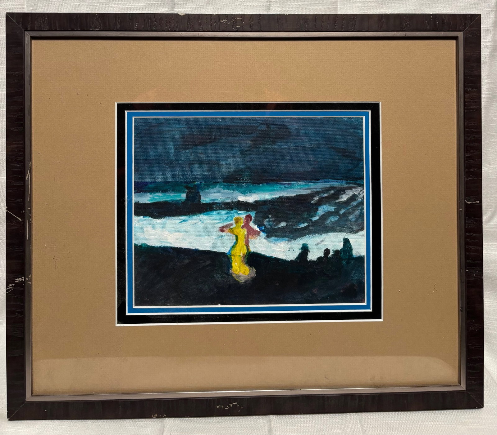 Modern Expressionist Style Painting, Coastal Scene with Figure: Modern expressionist-style painting depicting a coastal or waterside scene, featuring a brightly colored central figure set against a darker landscape background. The composition utilizes bold color
