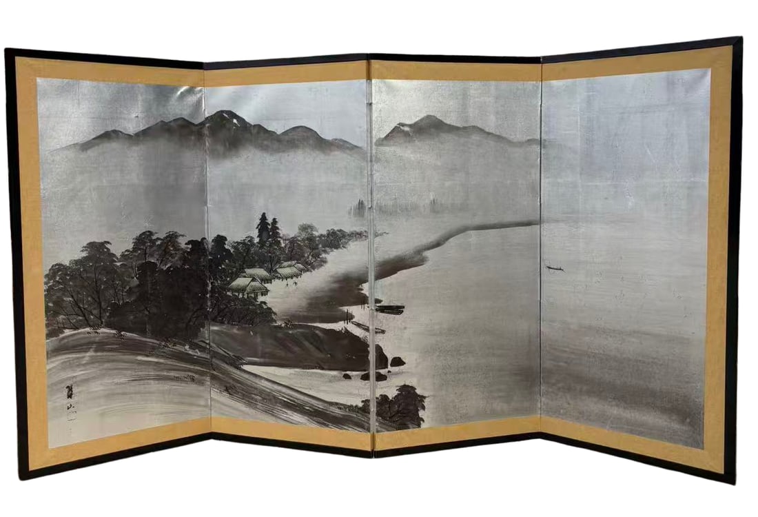 A Japanese Four-Panel Folding Screen, Ink Landscape, Signed “Suisan?? (??), Taish? Period (1 of 9)