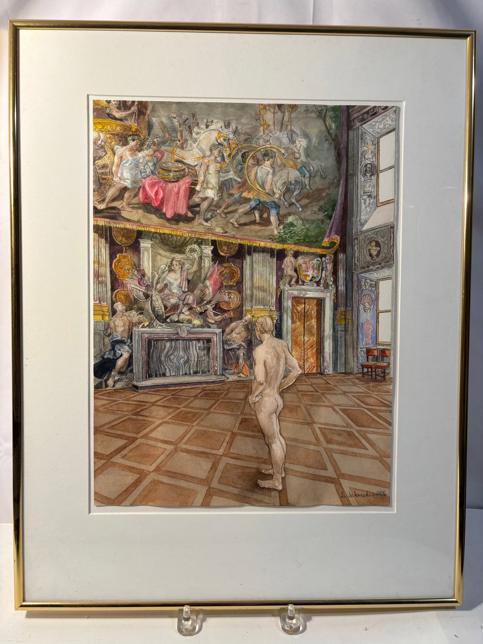 George Paul Schneider (American, Chicago), Nude in the Troja Palace, Prague, 2006: Original signed watercolor or gouache on paper by George Paul Schneider, Chicago artist and lecturer, dated 2006. The composition depicts a nude standing figure viewed from behind inside the richly de