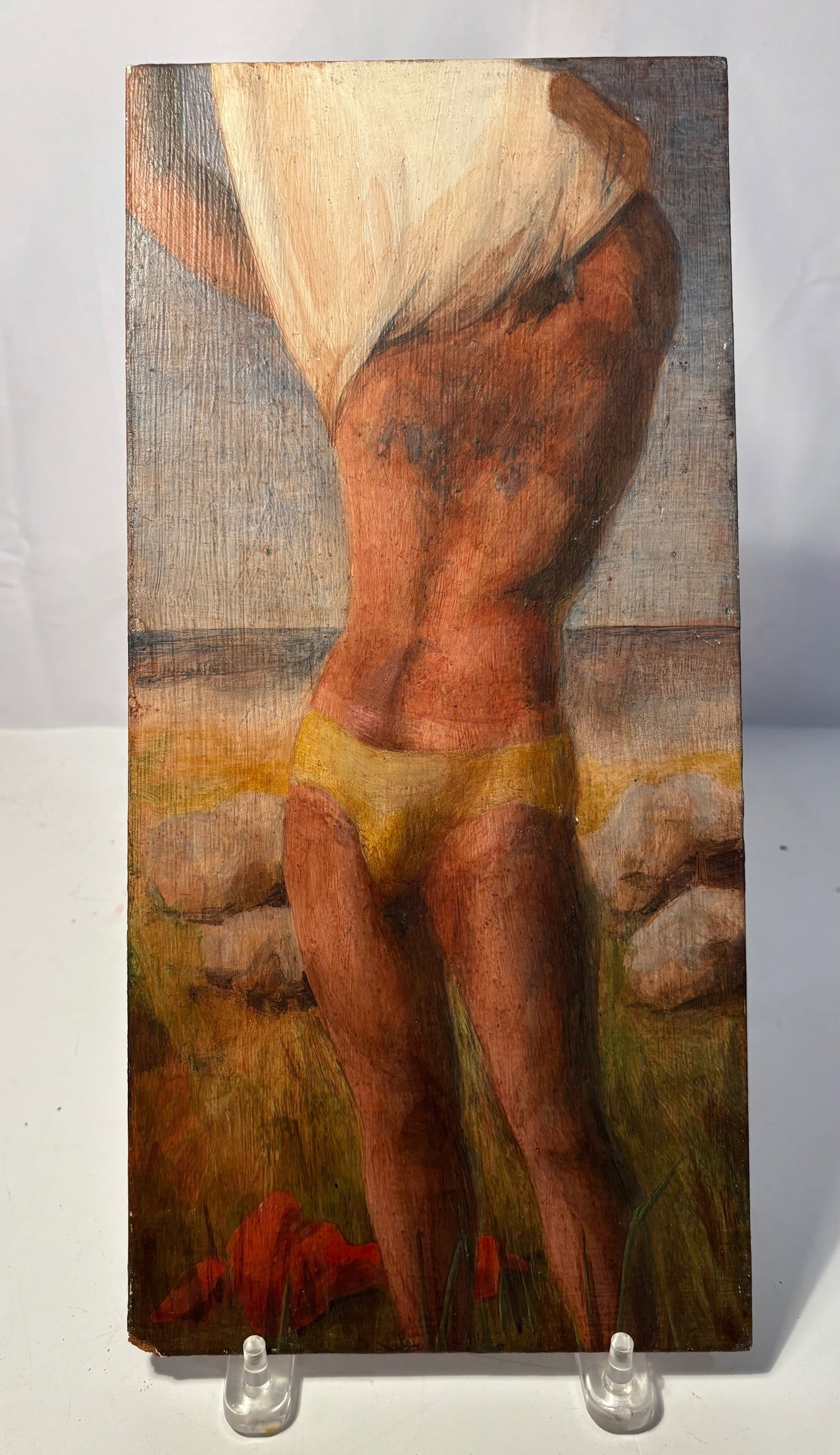 George Paul Schneider (American, Chicago) Figural Nude Painting: A modern figural study painting by George Paul Schneider (American, Chicago) depicting a standing female nude shown from the torso downward in a vertical composition. Executed in warm earth tones with