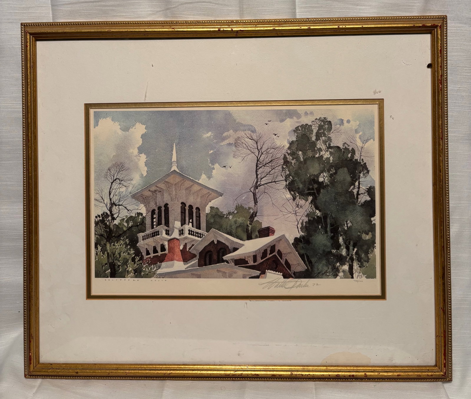 Michael Parks (American, 1944–2015), Belvedere House, 1972, Limited Edition Print: A signed and dated limited edition print titled Belvedere House by American artist Michael Parks (1944–2015). The composition depicts an architectural structure with a prominent belvedere tower, ren