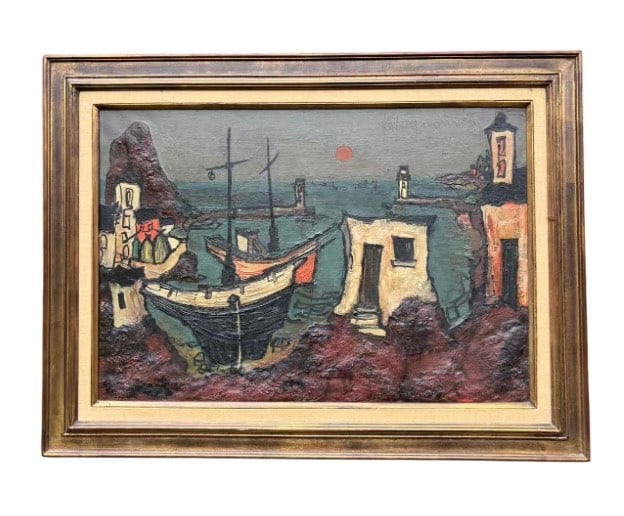 Jean-Claude Dragomir (1931–1965), Espagne – Signed 1954 Oil on Canvas, Alicante Harbor Scene: A vibrant and expressive mid-century oil on canvas by Jean-Claude Dragomir (1931–1965), signed and dated “K. Dragomir, Espagne 54” on the reverse, with incised signature on the front. Execut