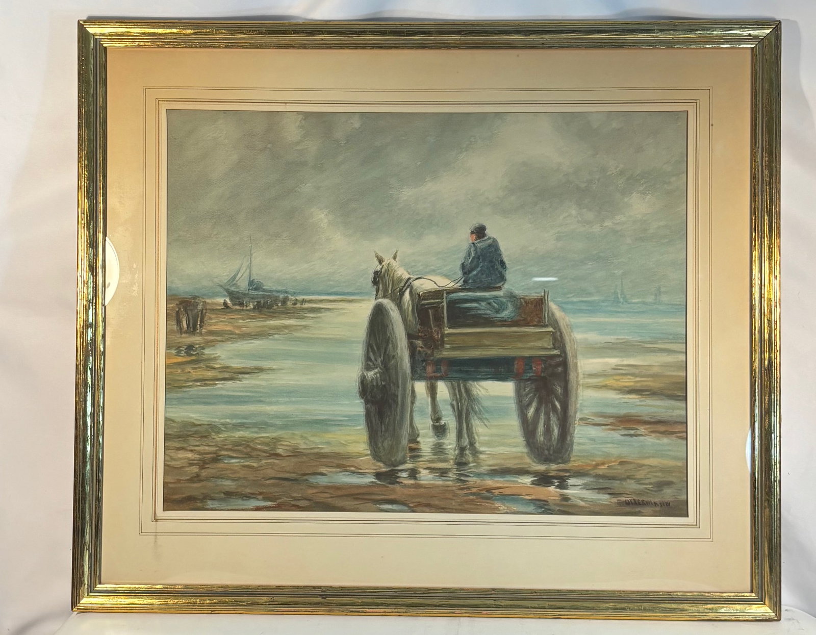 Horse and Cart on the Shore (Pastel), (c. 1910–1930) , Signed by artist: A tranquil coastal scene executed in soft pastel, depicting a man seated on a horse-drawn cart resting at the shoreline during low tide. The white horse stands still on the wet sand as the driver gaze
