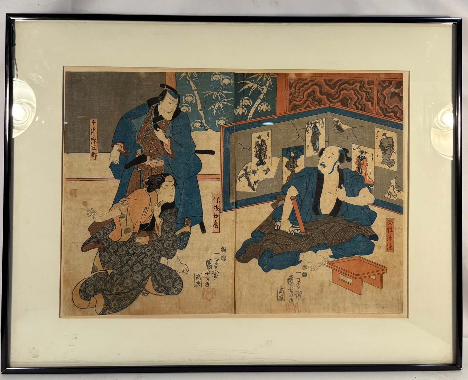 Utagawa Kuniyoshi (1797–1861), Kabuki Scene Diptych, Edo Period: A dramatic Edo-period diptych woodblock print by Utagawa Kuniyoshi (Ichiy?sai Kuniyoshi), depicting kabuki actors in an intense confrontation scene. The right panel shows a seated warrior figure with 