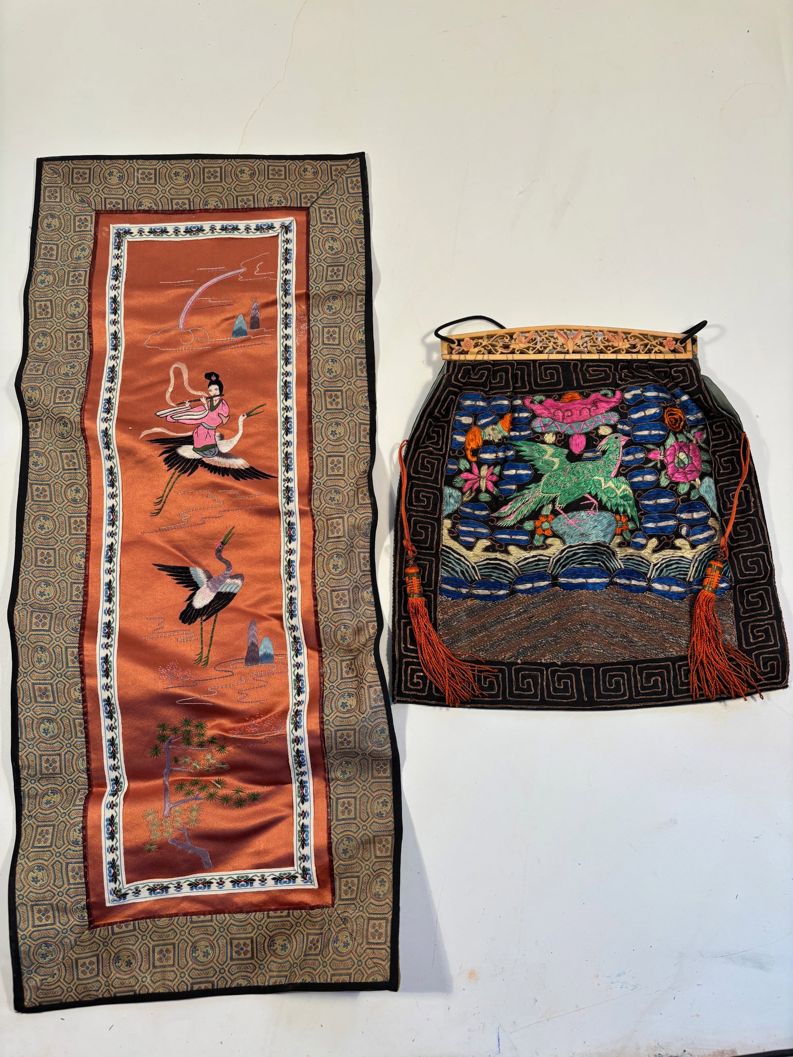 Two Chinese silk embroidered textiles: one is panel; another is a rank badge pouch ; Dimensions?Panle length: 22.5 inches ; Pouch Width : 10,5 inches
