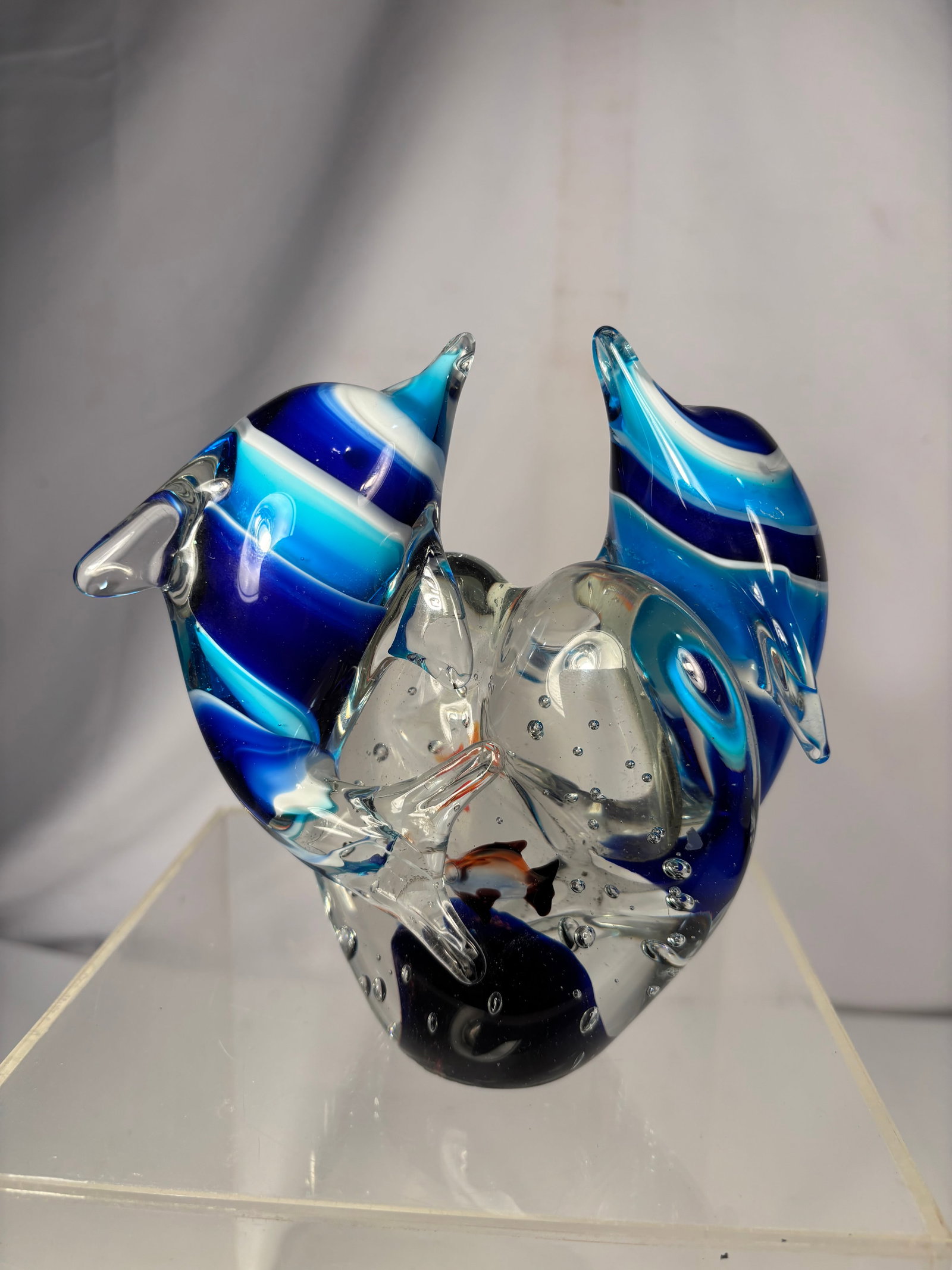 Hand Blown Art Glass Double Bird Sculpture with Internal Koi Fish & Controlled Bubbles (1 of 8)