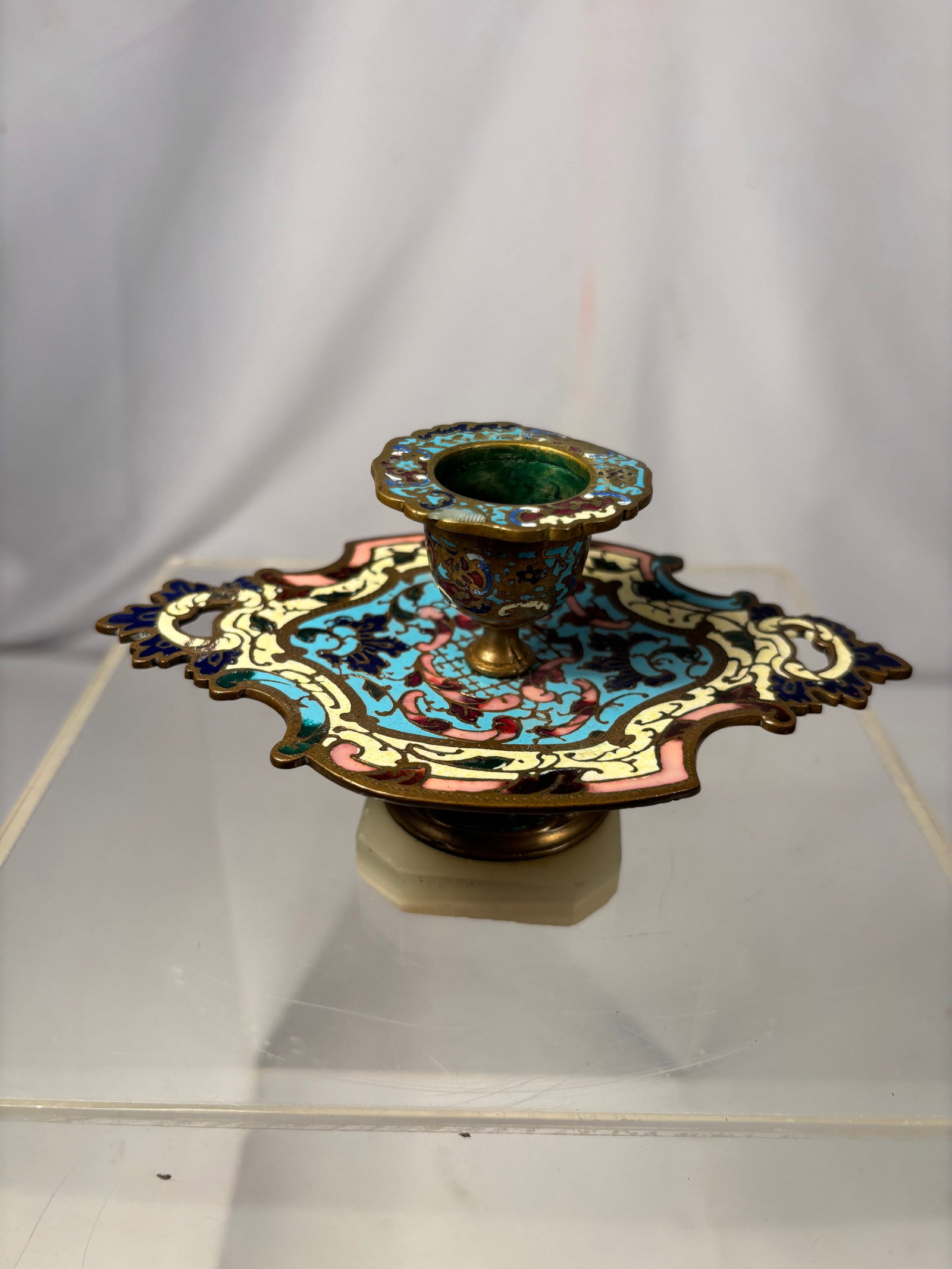 Champlevé Enamel Cloisonné-Style Chamberstick / Inkwell Base, French Rococo Revival Style (1 of 9)