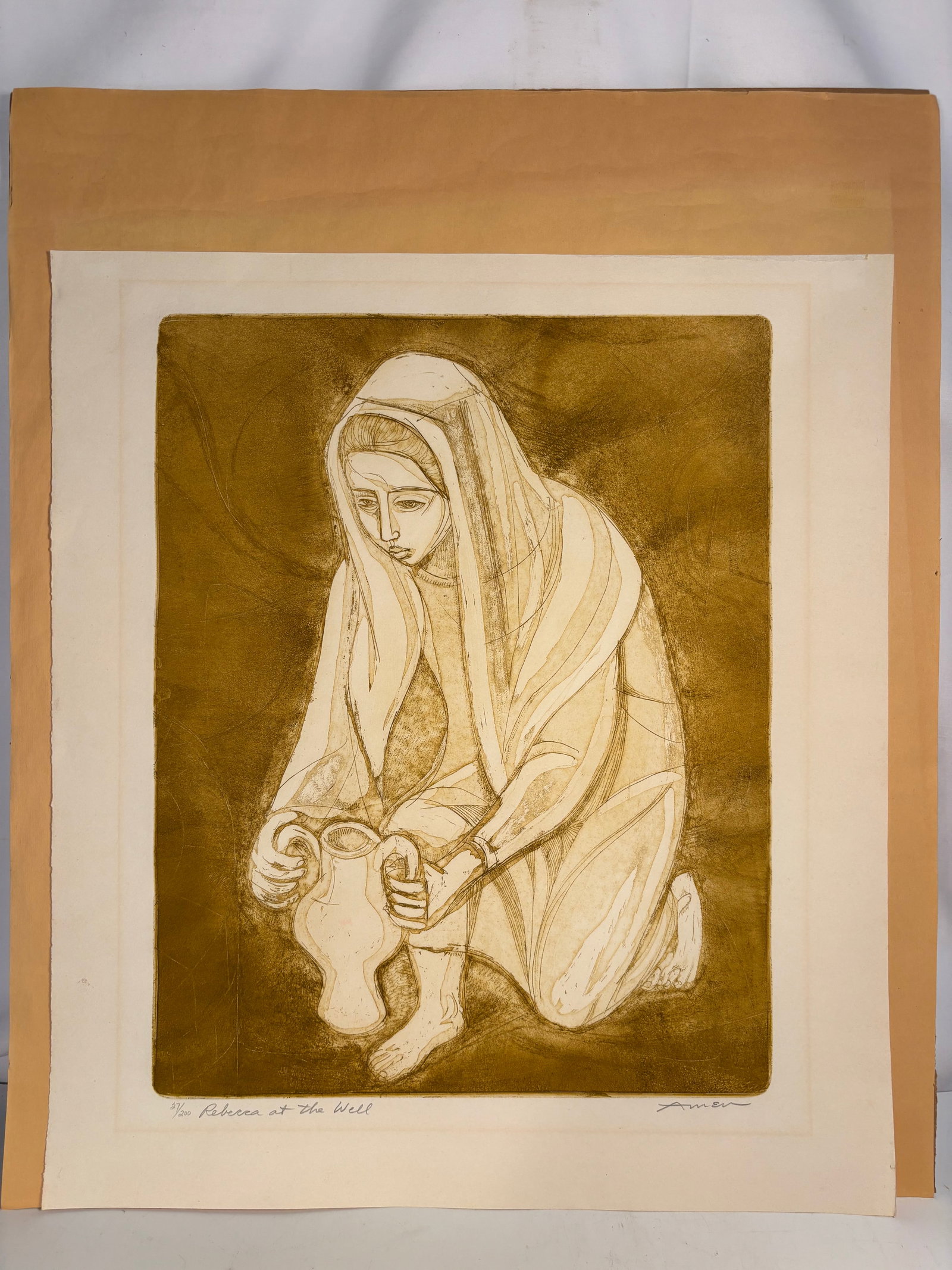 Irving Amen (American, 1918–2011) “Rebecca at the Well,?? Limited Edition Etching and Aquatint,: Limited edition etching and aquatint by American artist Irving Amen (1918–2011), titled Rebecca at the Well. The composition depicts the biblical figure Rebecca kneeling with a water jar in Amen’s