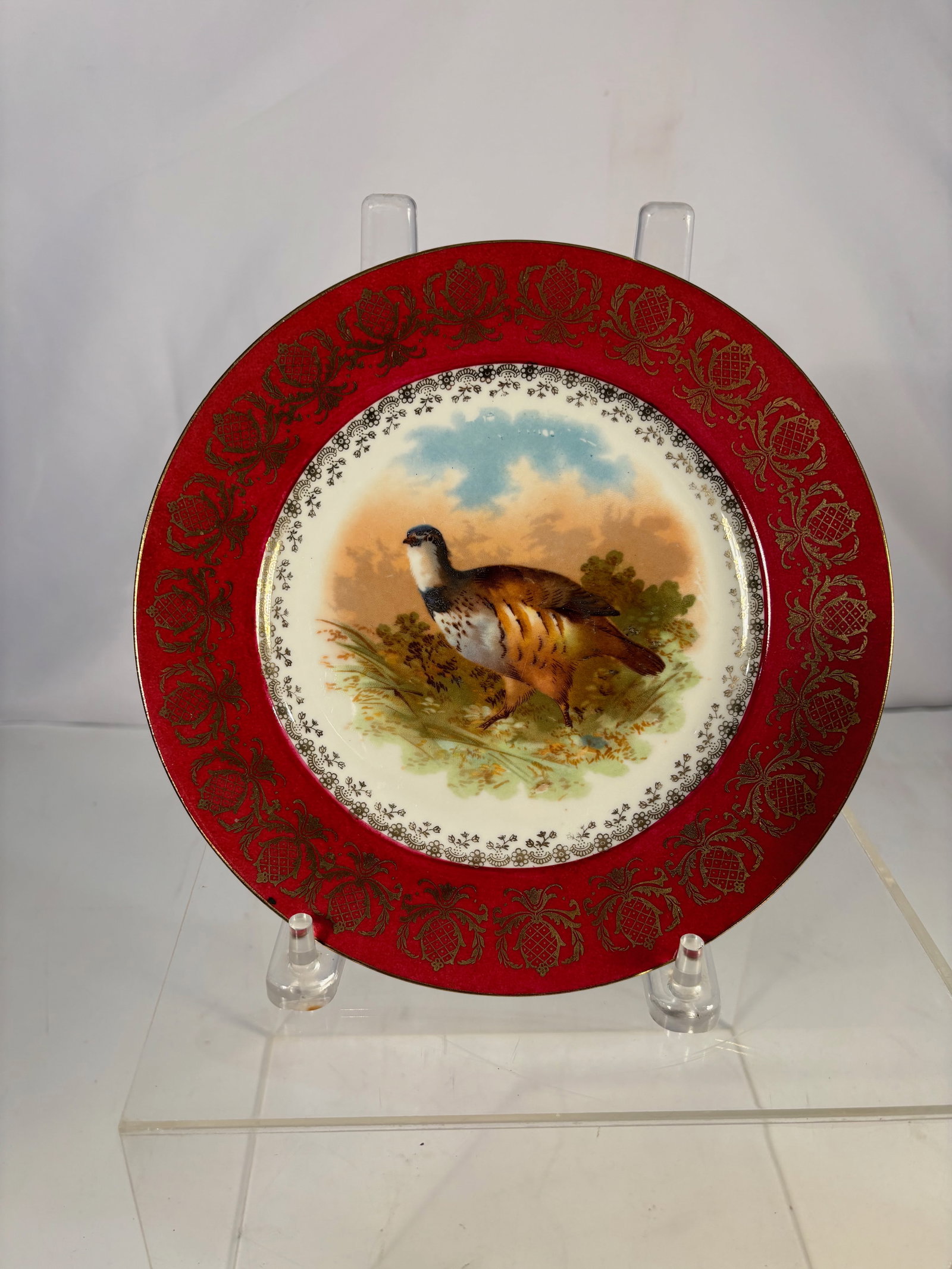 An Austrian Porcelain Cabinet Plate with Hand-Painted Game Bird: Austrian porcelain cabinet plate, late 19th to early 20th century, decorated with a finely hand-painted game bird within a landscape setting. The wide red ground border is richly embellished with gilt