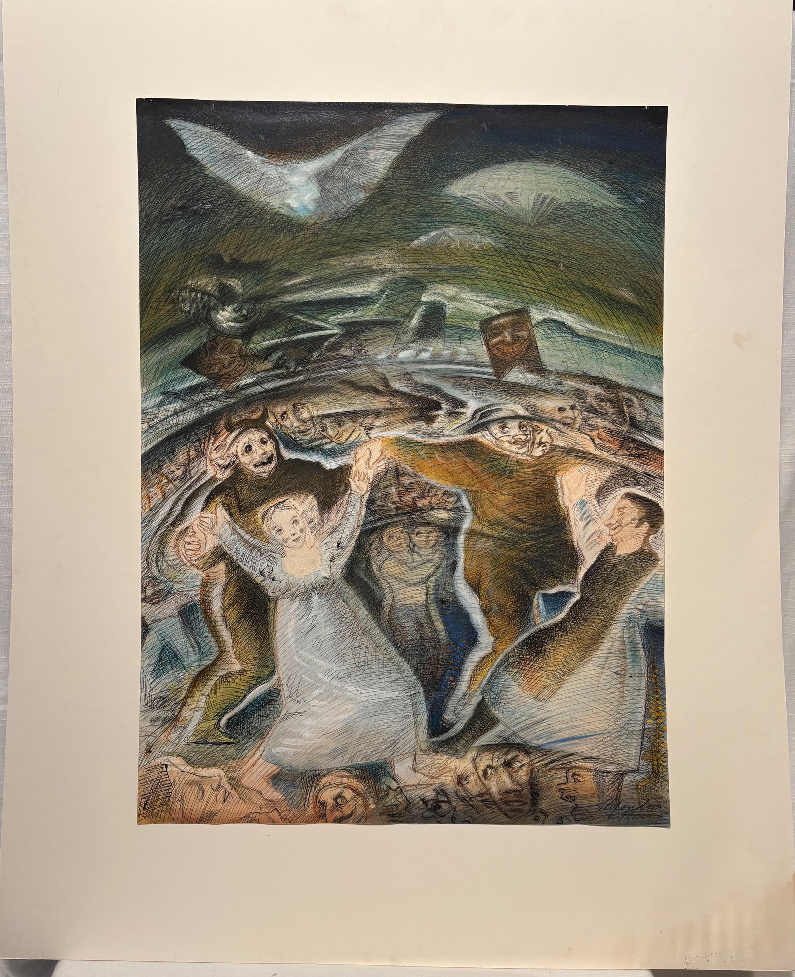 Mid Century European Expressionist Figurative Drypoint / Lithograph, Signed: A mid-20th century European expressionist print depicting a dynamic figurative scene with dense cross-hatching technique. Signed and dated lower margin. Frame Size: 21.5 x 30 inches.