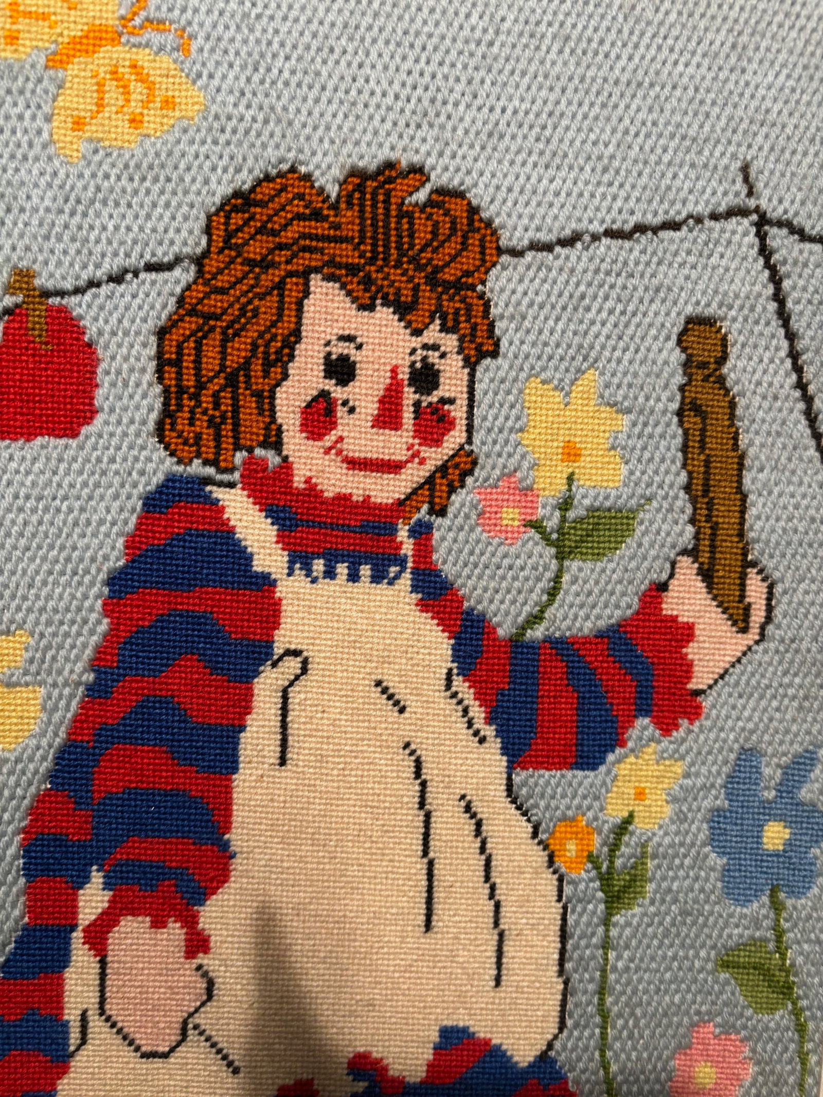 Vintage Needlepoint Raggedy Ann Style Girl Tapestry, Framed (1 of 8)