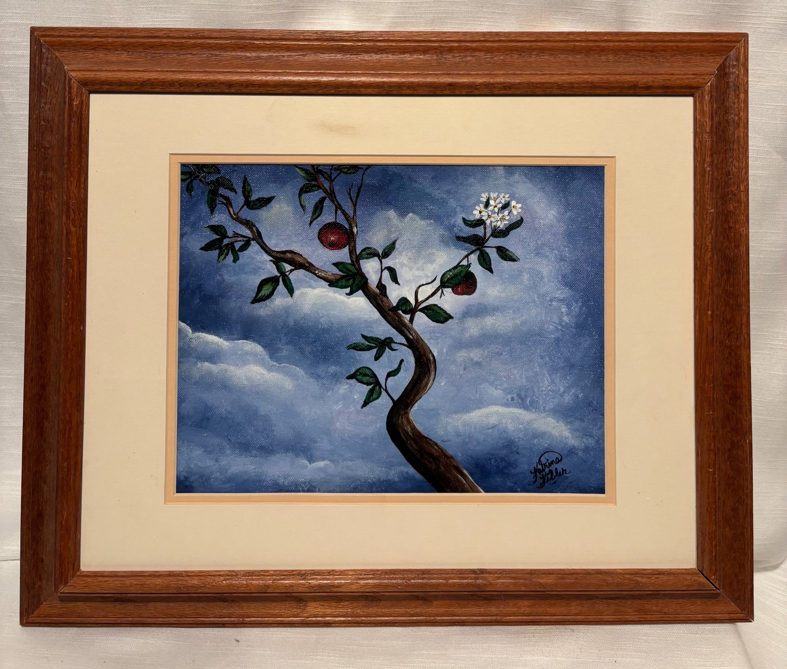 Vintage Style Apple Tree Painting, Red Fruit on Branch, Framed