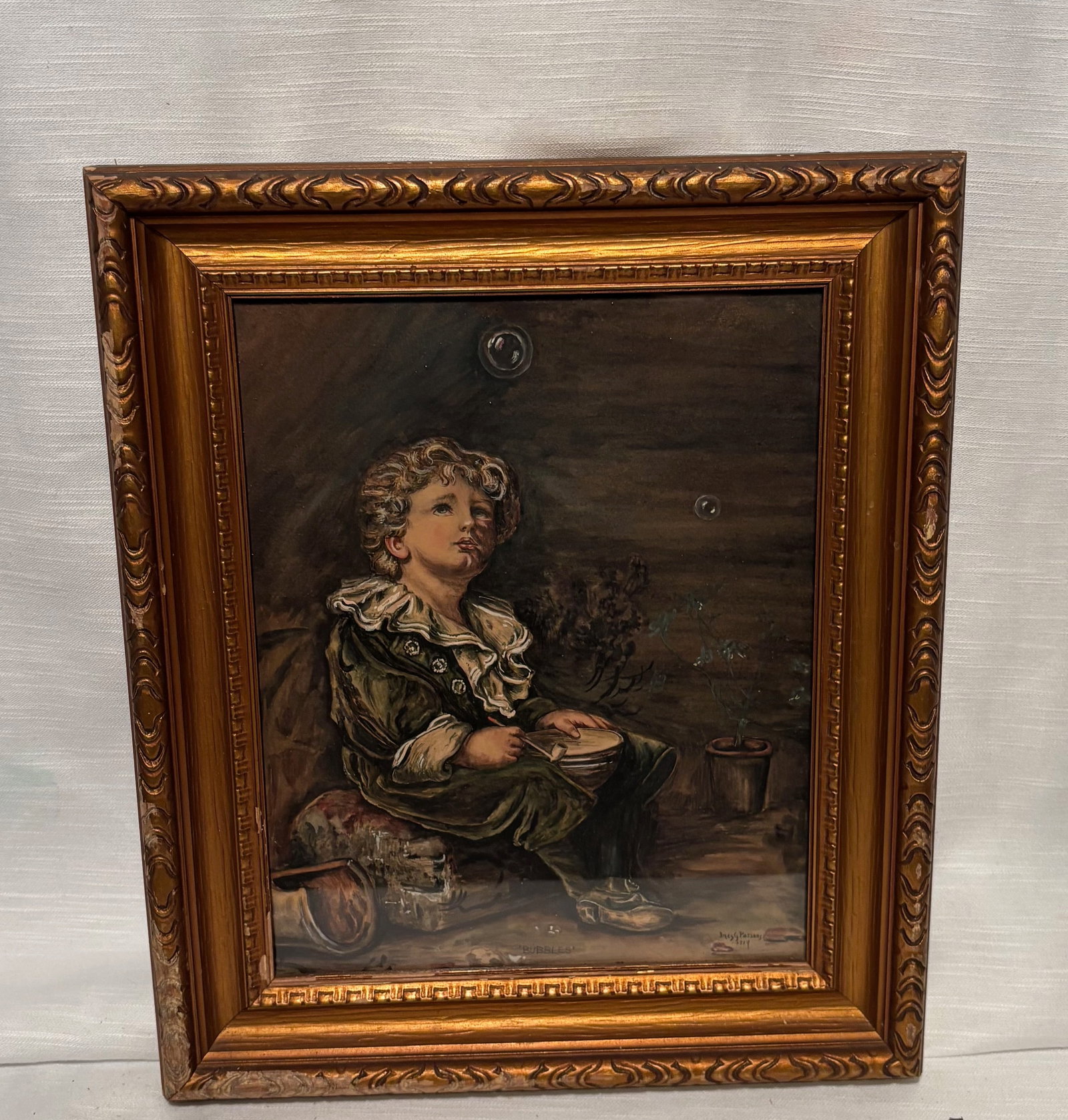 Vintage Style Portrait Painting of Child, Signed “Inez Parsons 1914??, Framed