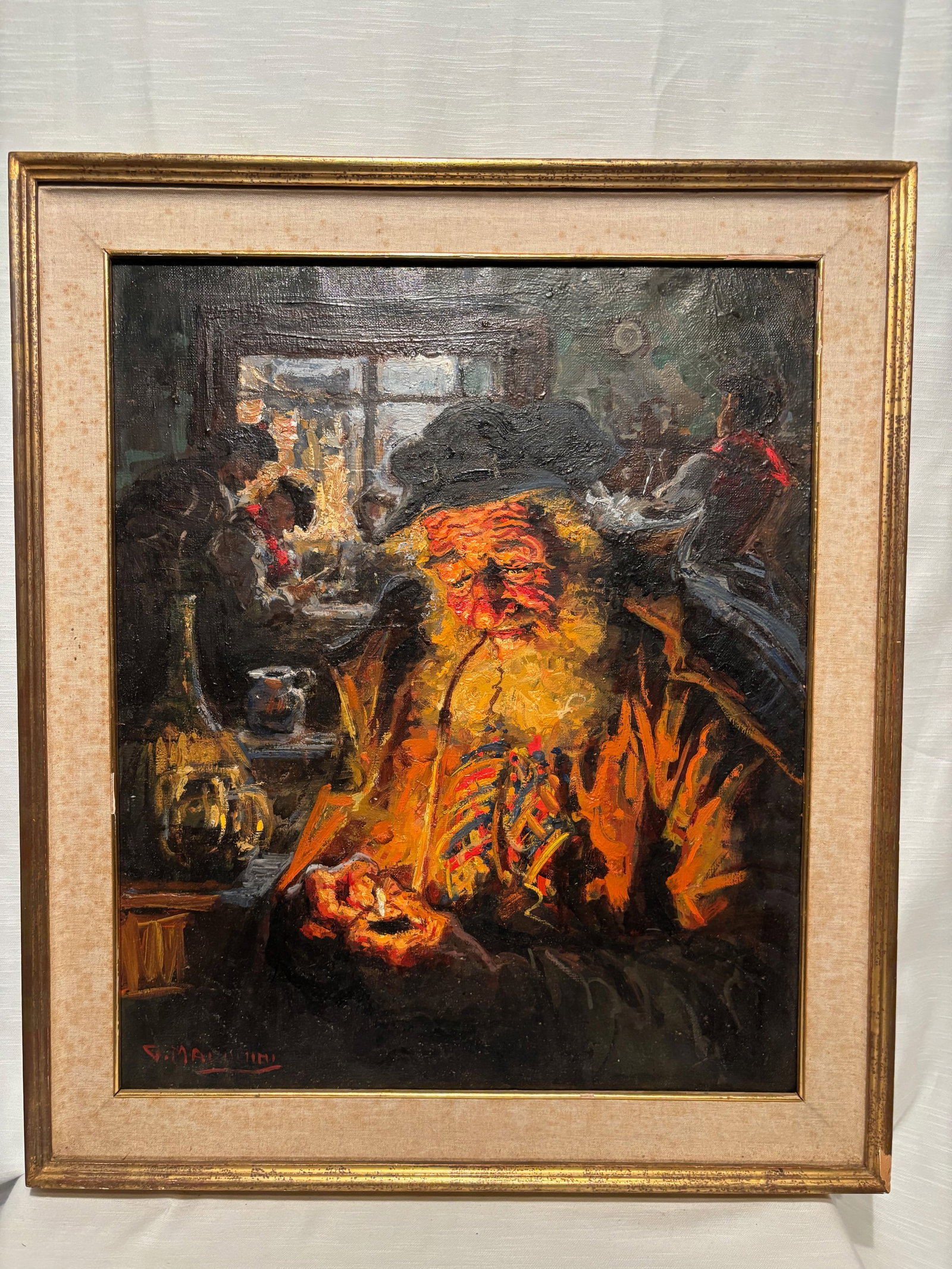 Giovanni Madonini (1915–1989) Impasto Oil Painting Old Man with Pipe, signed: An expressive impasto oil painting depicting an elderly man smoking a pipe in a tavern interior. Executed with thick, textured brushwork and strong tonal contrasts.Signed “G. Madonini” lower l