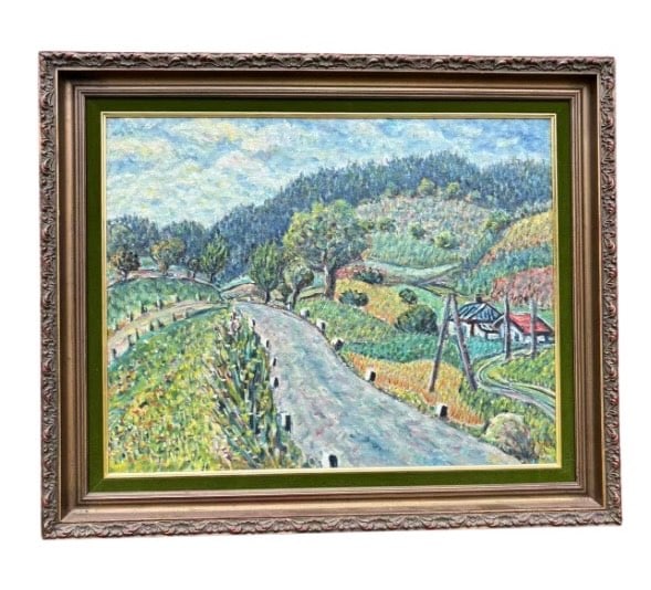 American School (20th Century), Colorful Post-Impressionist Landscape, Framed 1976: A vibrant oil-on-canvas landscape painting in the post-impressionist style, depicting a winding rural road with surrounding fields, distant farmhouses, and wooded hills under a cloud-filled sky. Execu