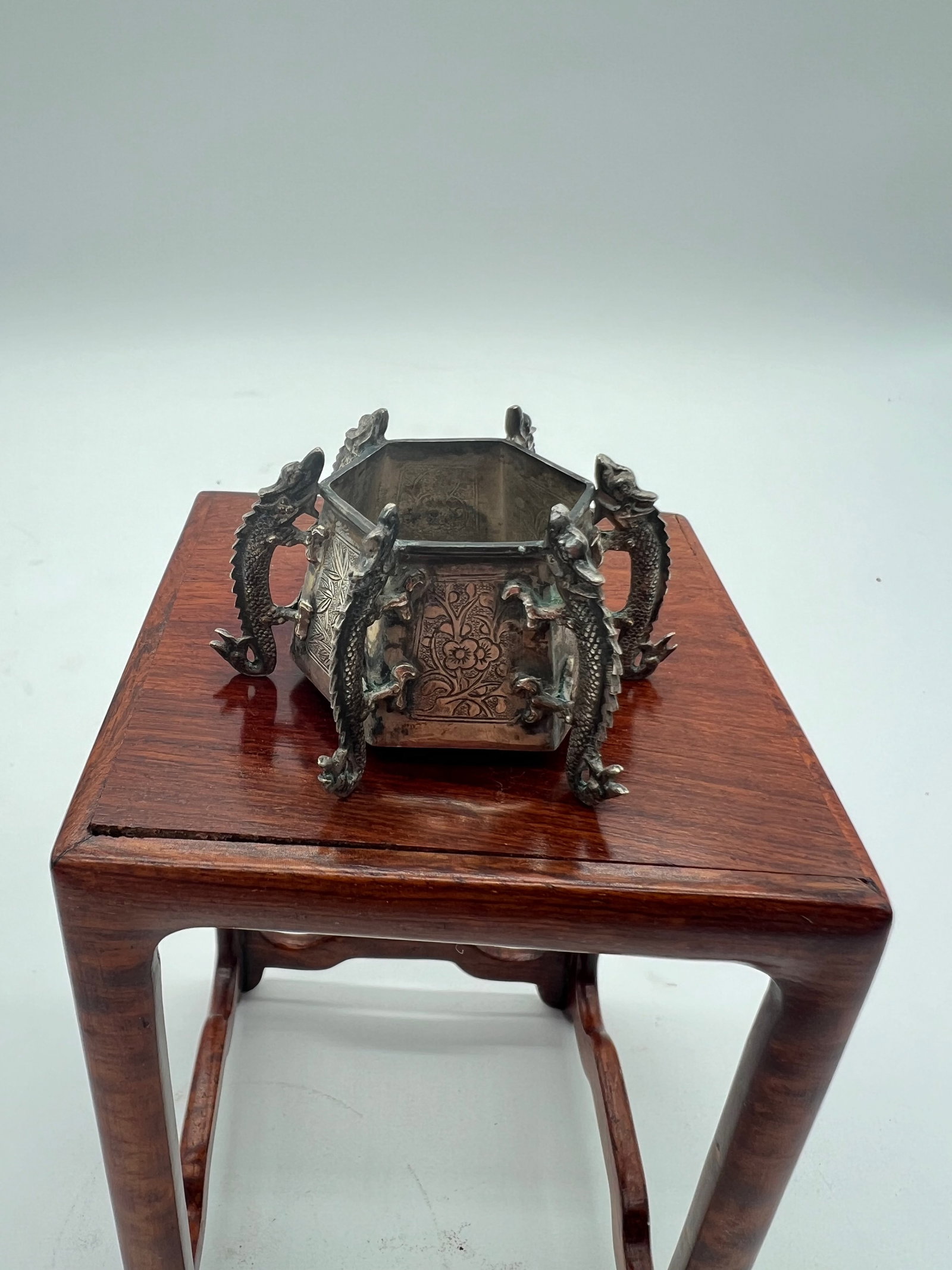 A Chinese silver dragon hexagona water pot with stamp at bottom (1 of 11)