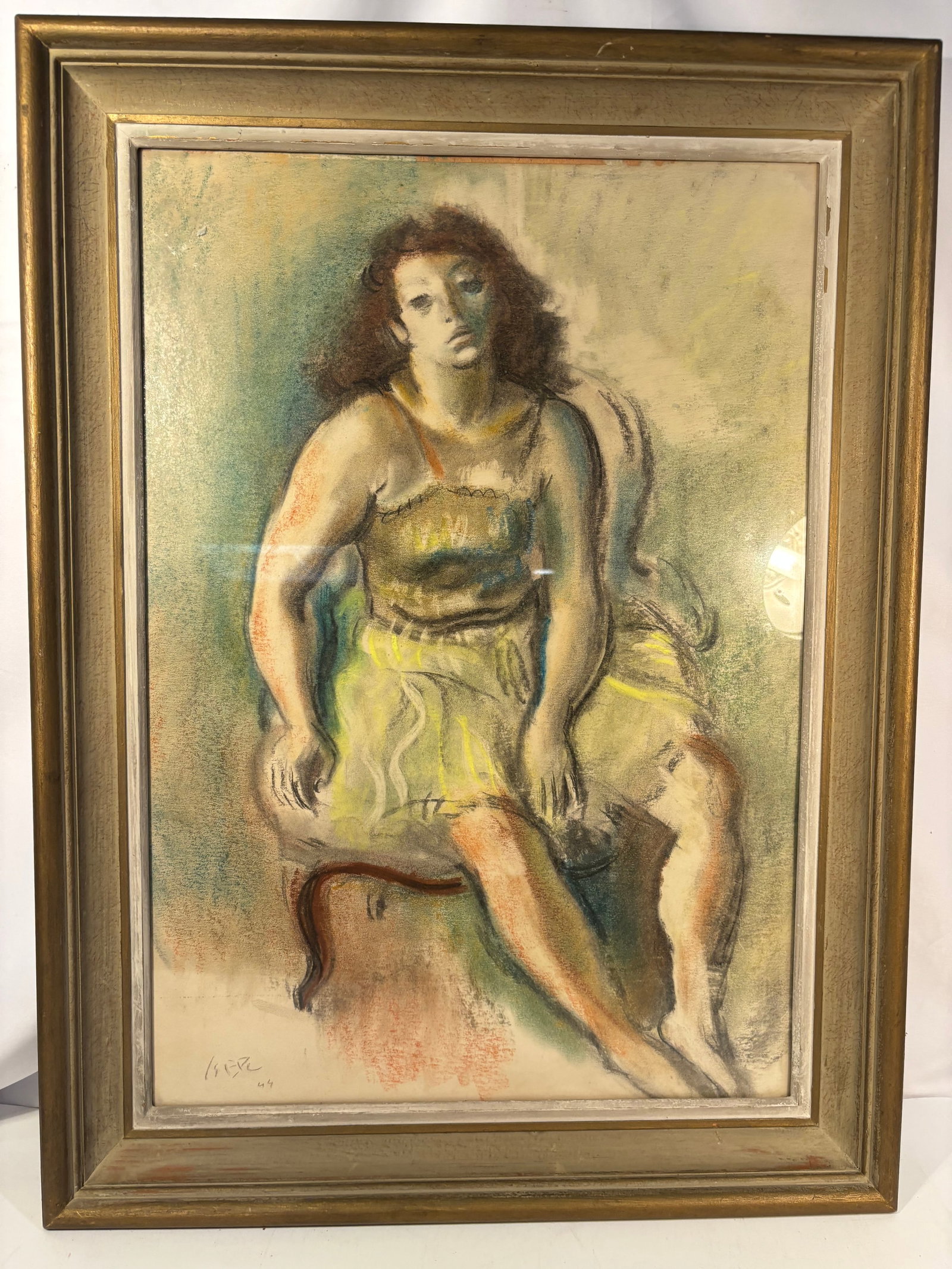 Iosif Iser (Romanian, 1881–1958), Seated Female Model, 1944: A mid-20th-century figurative work depicting a seated woman wearing a yellow dress. Executed in gouache and pastel on paper, with expressive outlines and softly blended colors. Signed “Iser” a