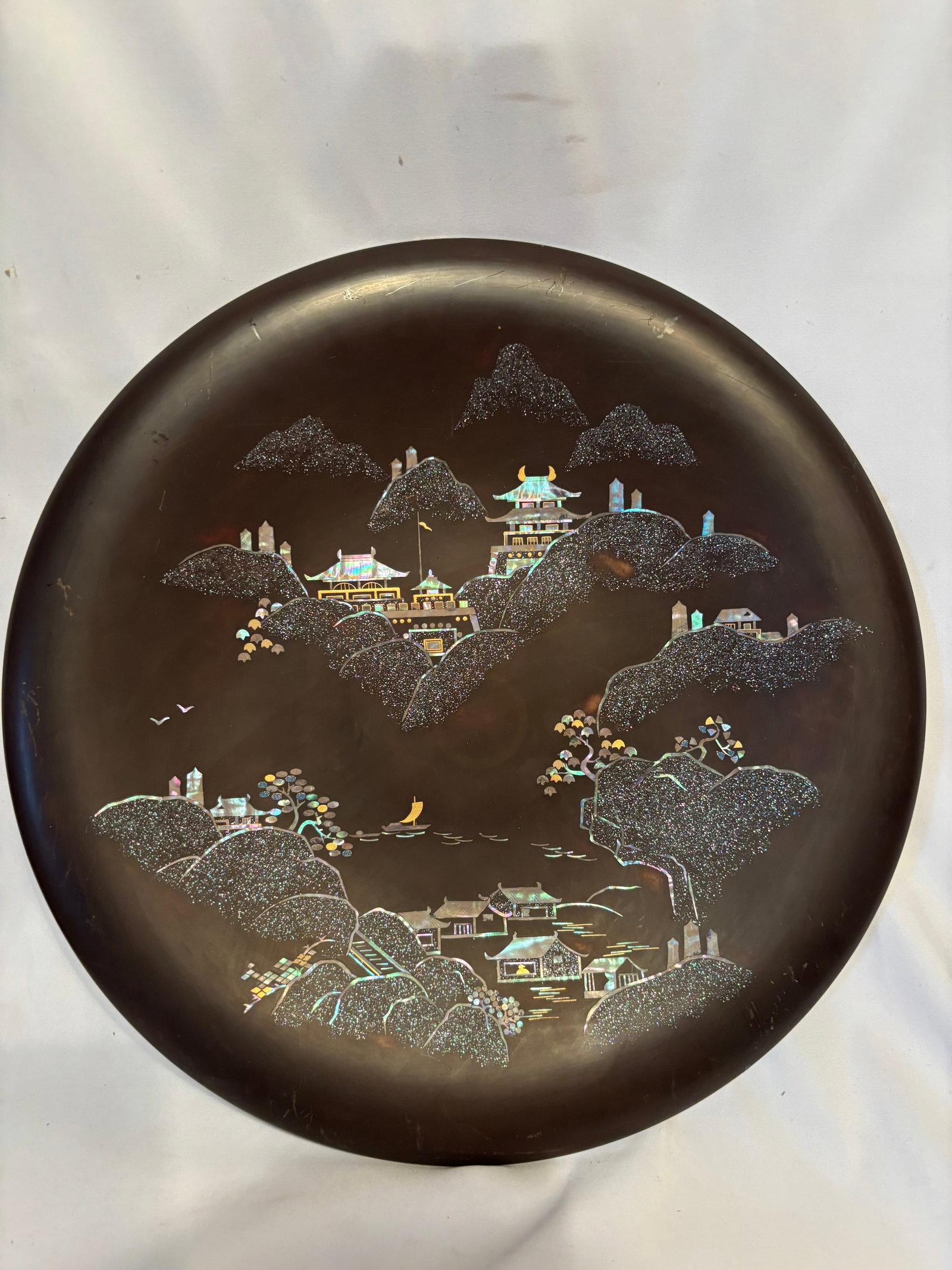 Large Japanese Maruni Black Lacquer Mother-of-Pearl Inlaid Wall Plaque (1 of 8)