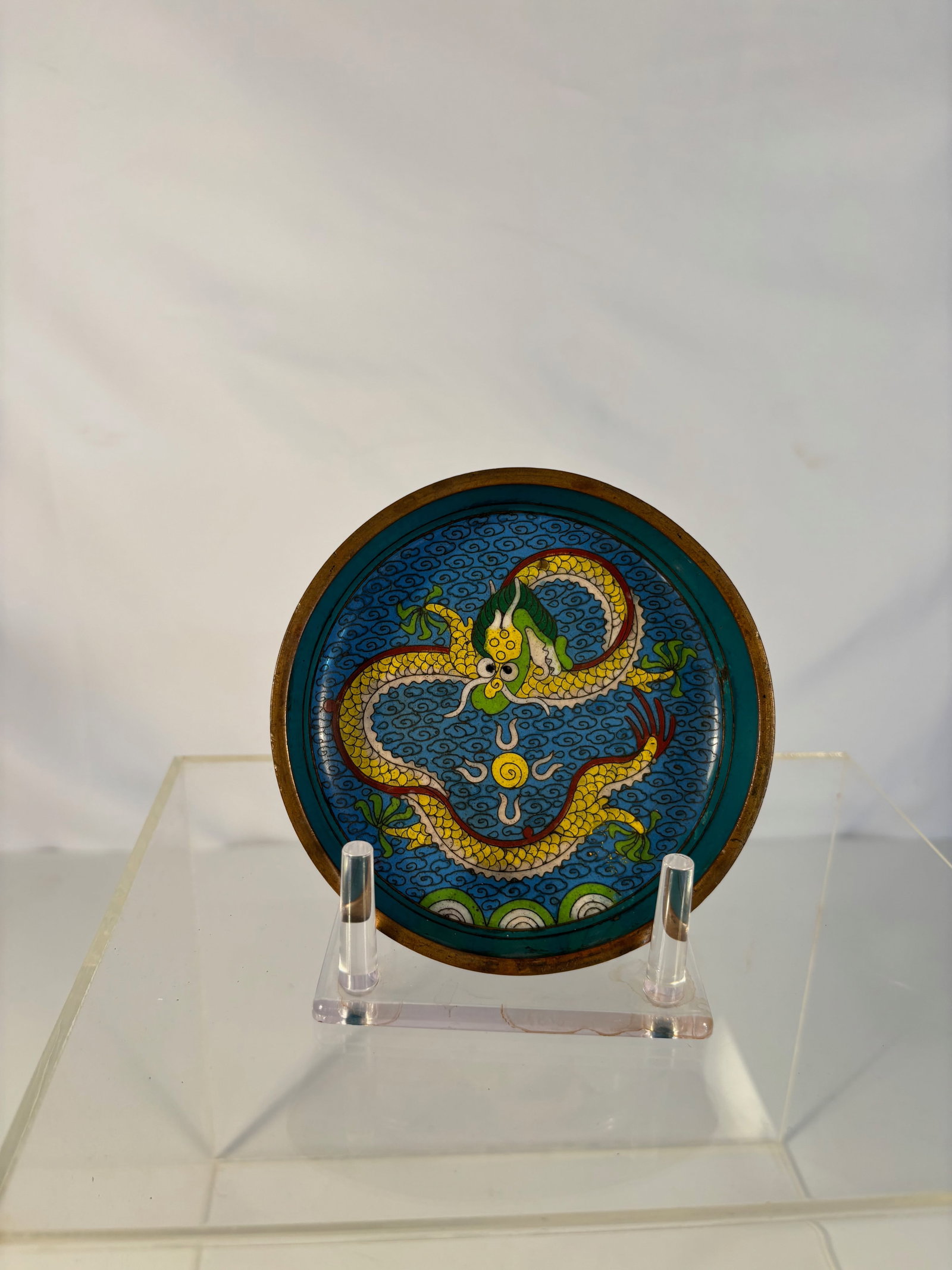 A Chinese Cloisonné Enamel Dragon Dish