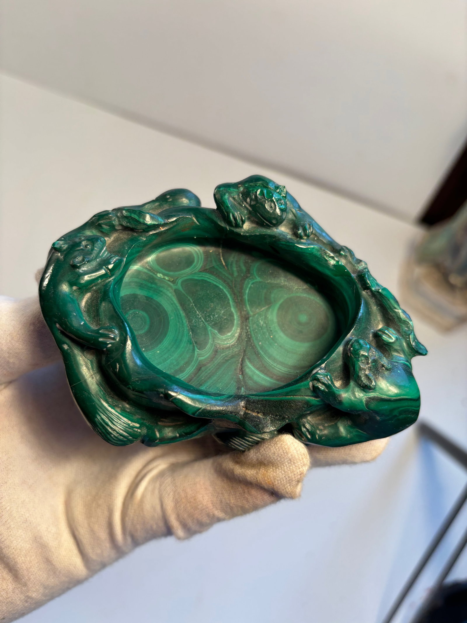 A carved malachite scholar's water pot: Qing Dynasty (1644-1912), Dimensions?Length: 4.25 " Height: 1.75 inches.