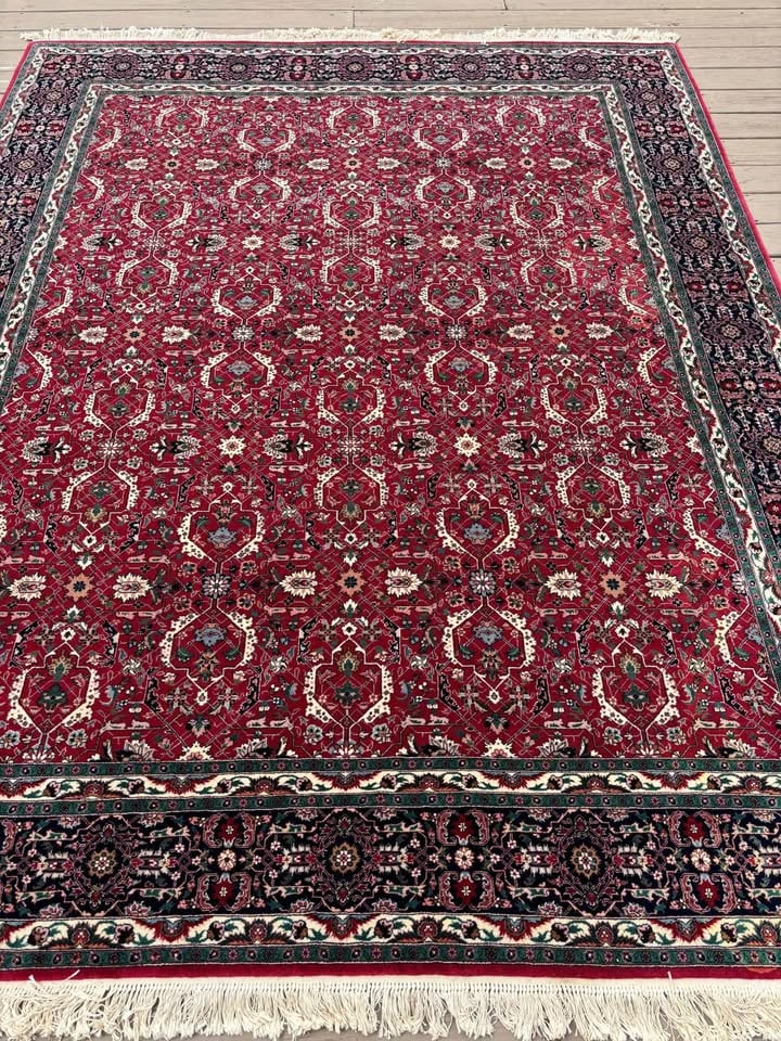 Fine Persian Tabriz Style Rug with Intricate Floral Pattern and Deep Red Field: A fine Persian Tabriz style rug featuring an intricate allover floral design set against a rich red field. The composition is densely woven with delicate vine work, stylized blossoms, and geometric me