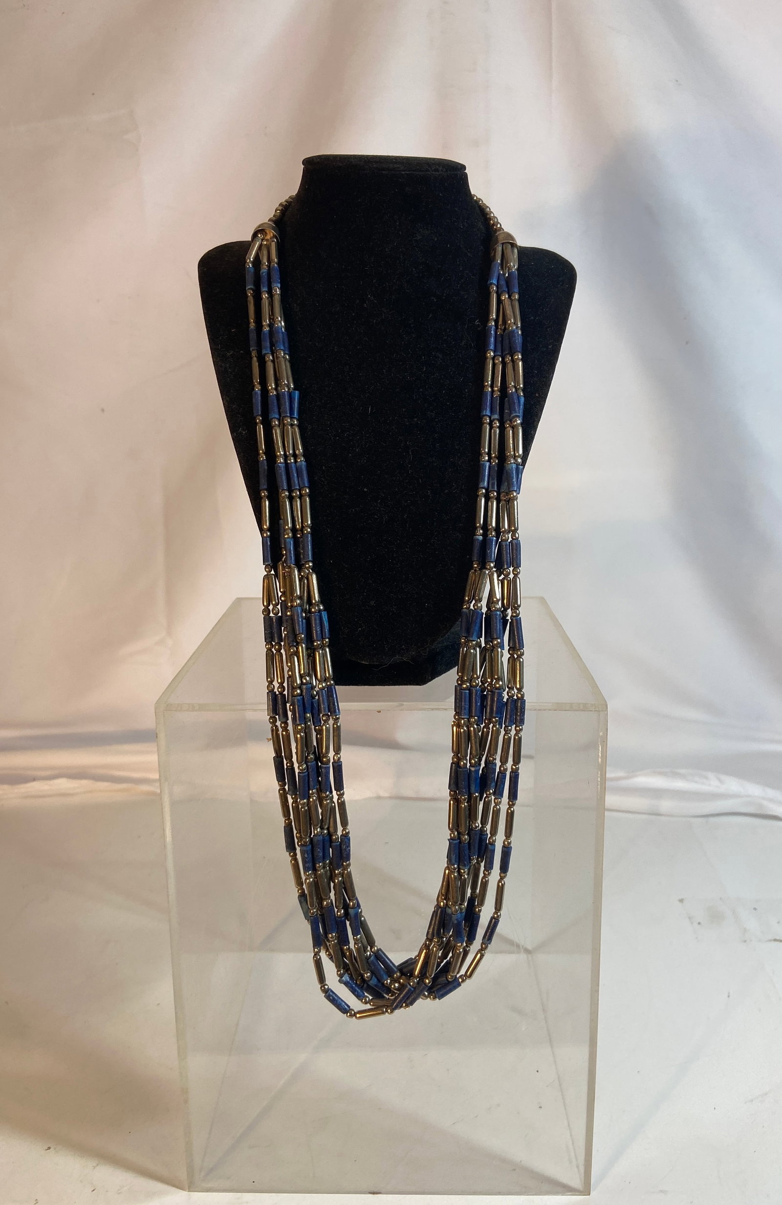 Multi-Strand Silver Tone and Blue Bead Necklace (1 of 5)