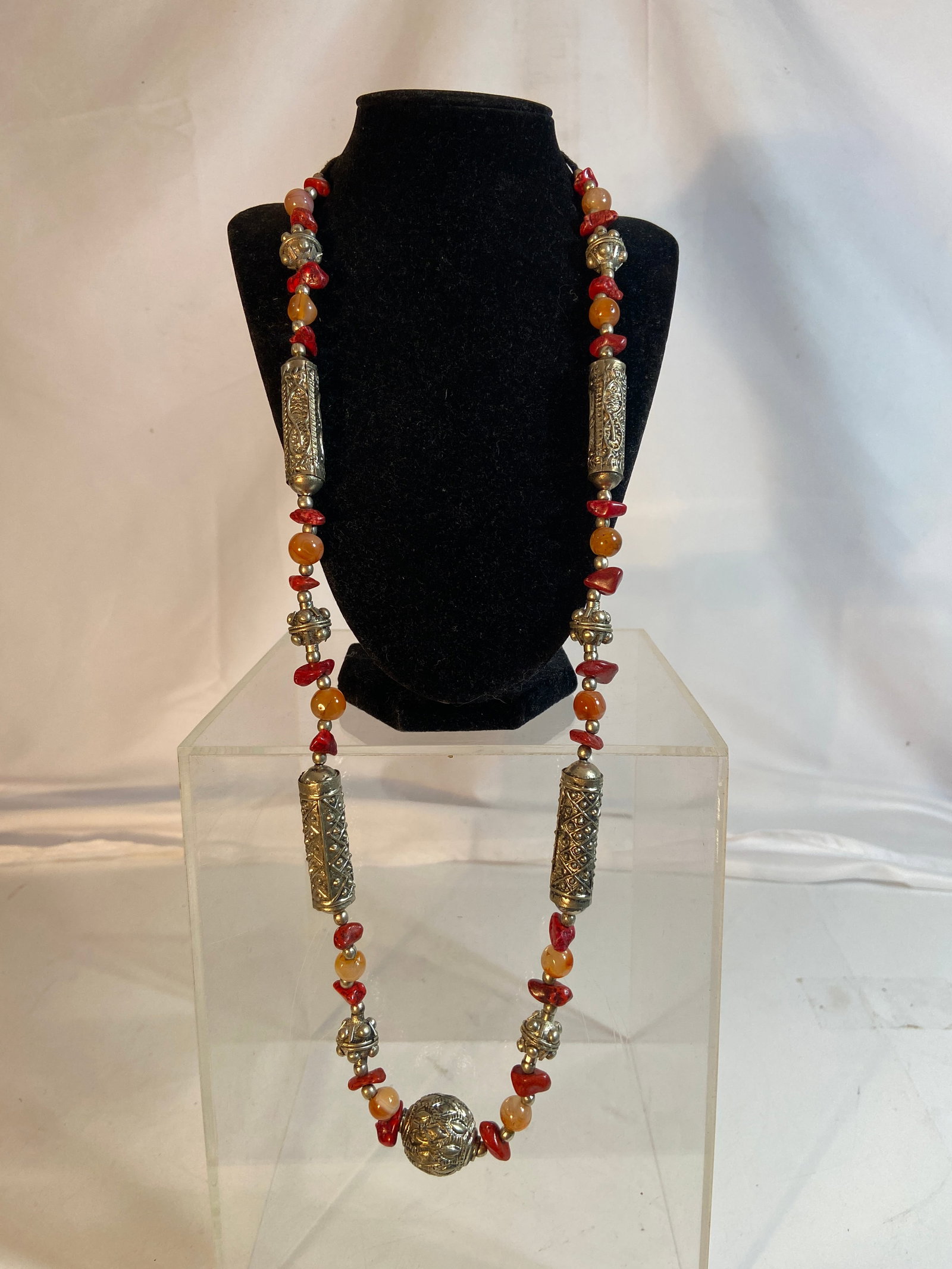 Tribal Style Silver Tone, Coral and Agate Bead Necklace (1 of 5)