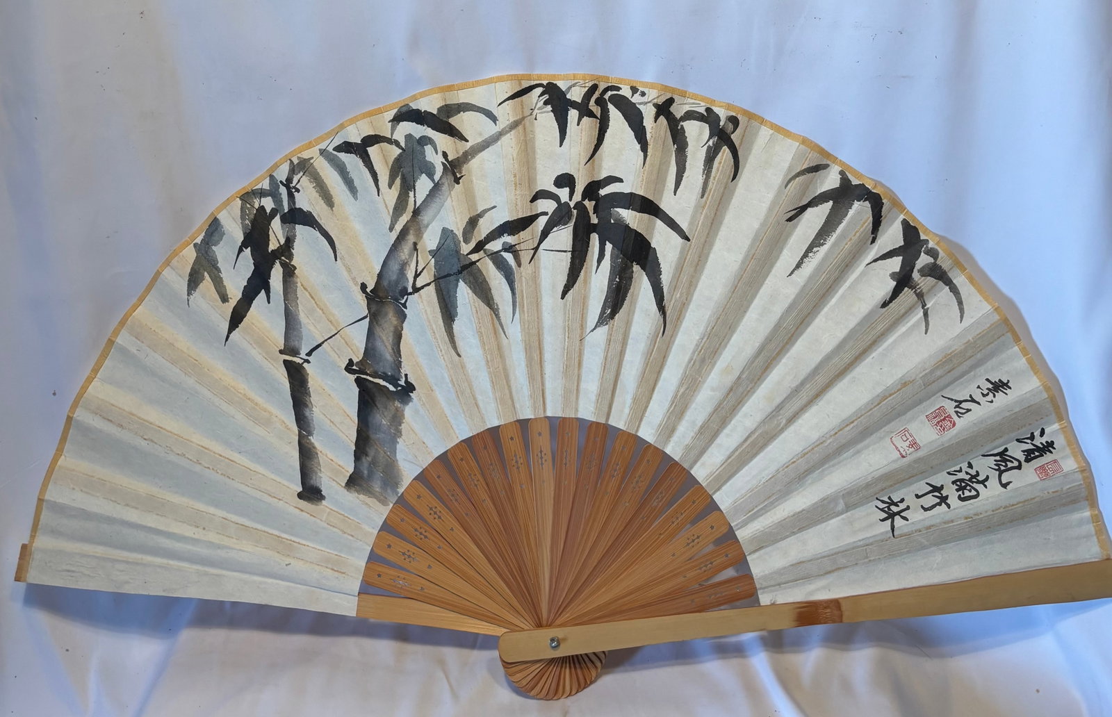 Chinese Ink Bamboo Folding Fan, Signed “Sushi (1 of 8)