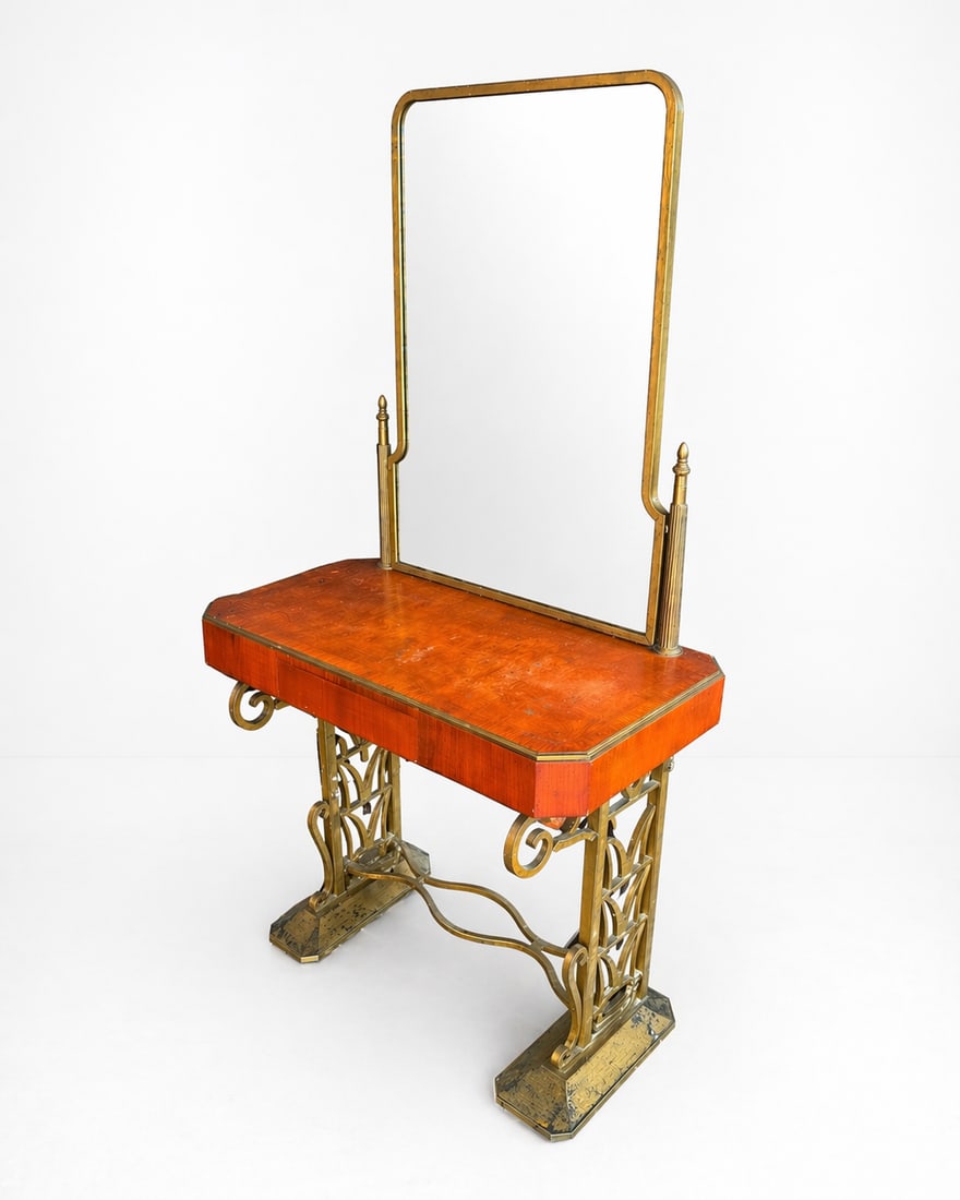 French Art Nouveau vanity dressing table with Mirror & Drawer, Early 20th Century: This item is a prime example of the Art Nouveau style, which flourished in France around 1900. It features a solid bronze or brass frame and often includes a wood top. It includes an adjustable abd re