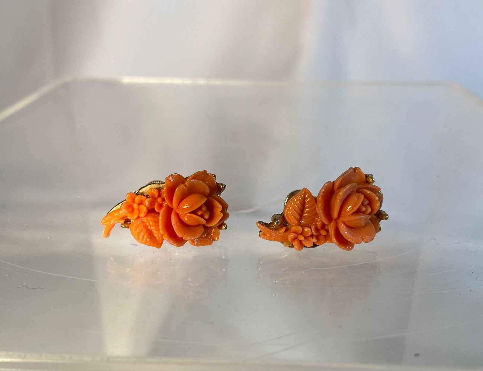 Pair of Vintage Carved Coral Like Floral Earrings