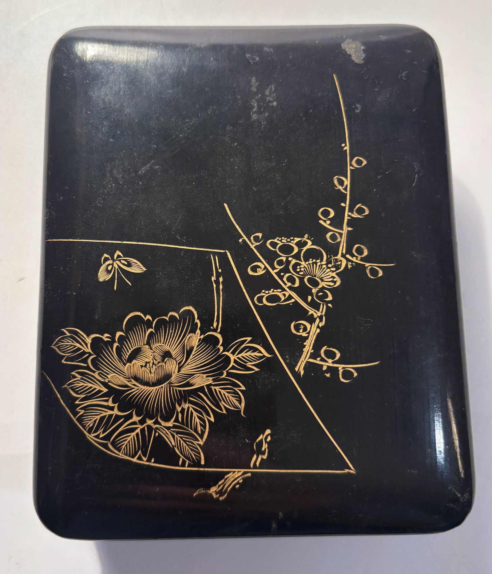 A Japanese Lacquer Box with Gilt Decoration: Rectangular Japanese lacquer box decorated in gilt maki-e with stylized floral and branch motifs on a black ground. The decoration executed in fine line work with sprinkled gold, characteristic of Edo